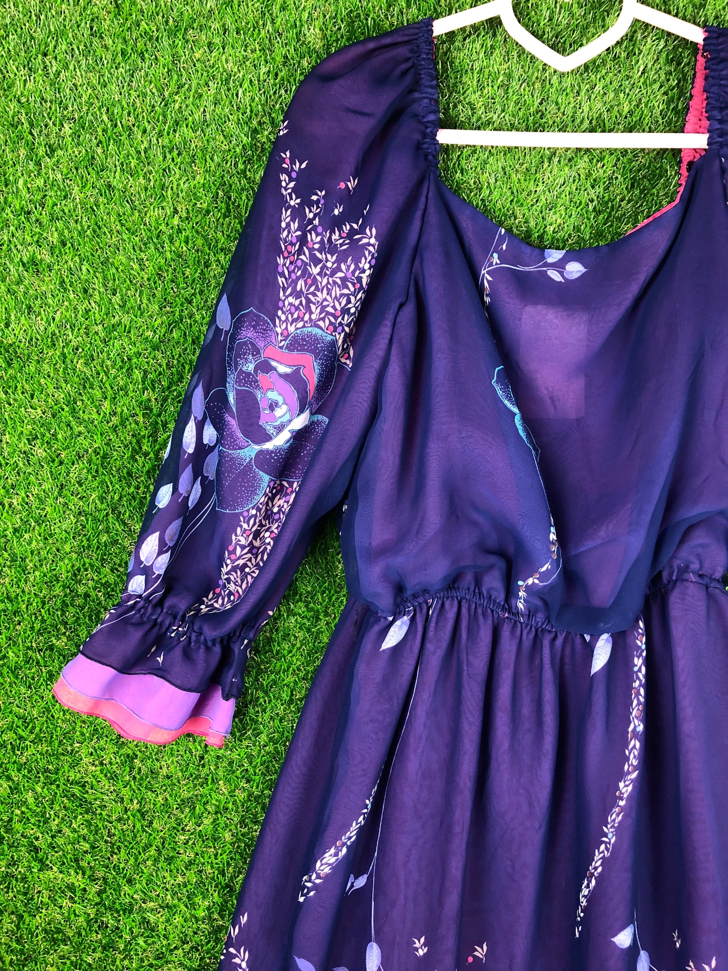 1980's Purple Floral Dress With Elastic Waist