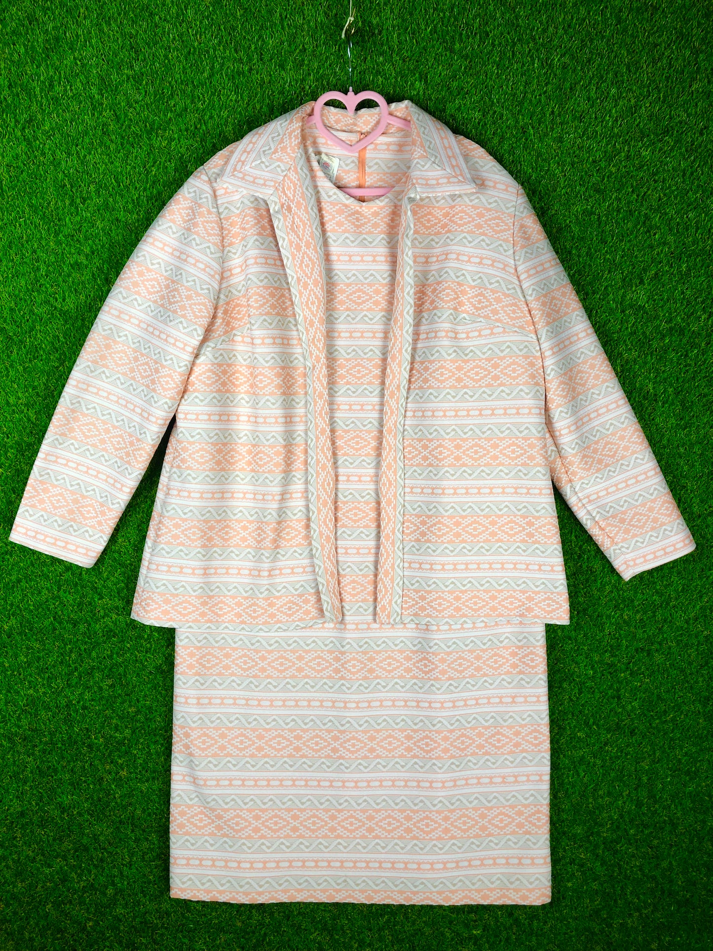 1970's Creamsicle Orange and White Southwest-Print Dress and Jacket Set