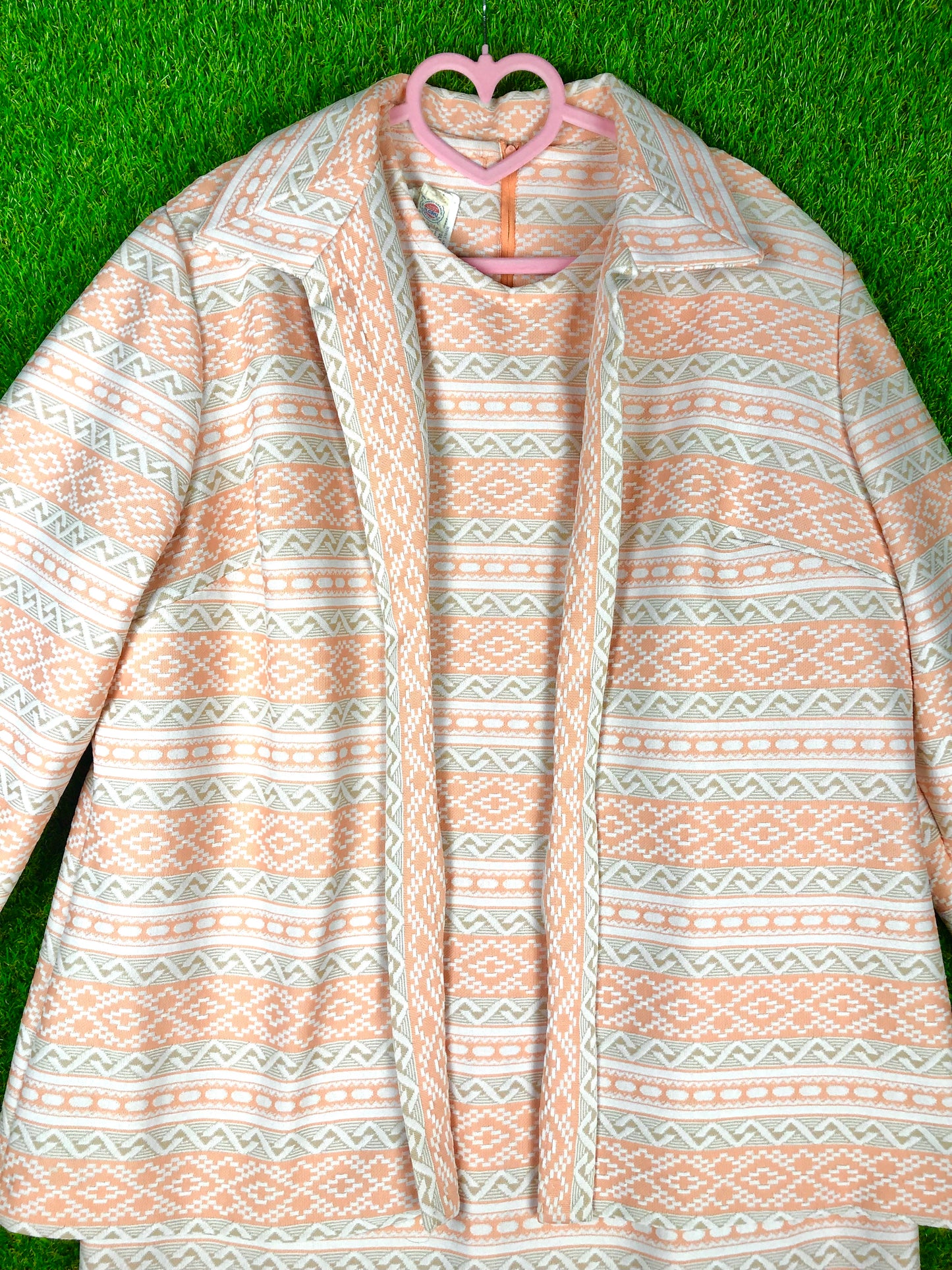 1970's Creamsicle Orange and White Southwest-Print Dress and Jacket Set