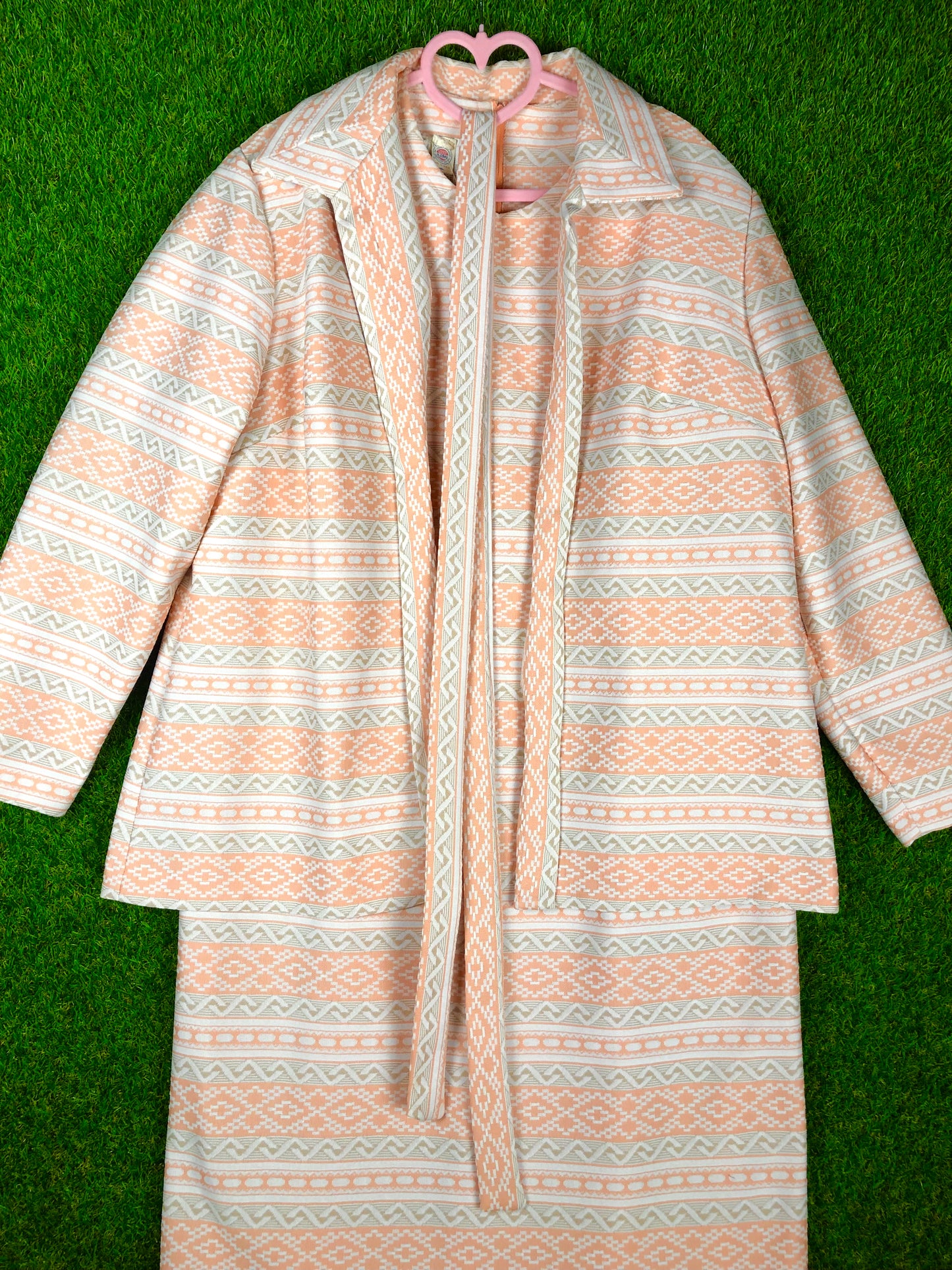 1970's Creamsicle Orange and White Southwest-Print Dress and Jacket Set