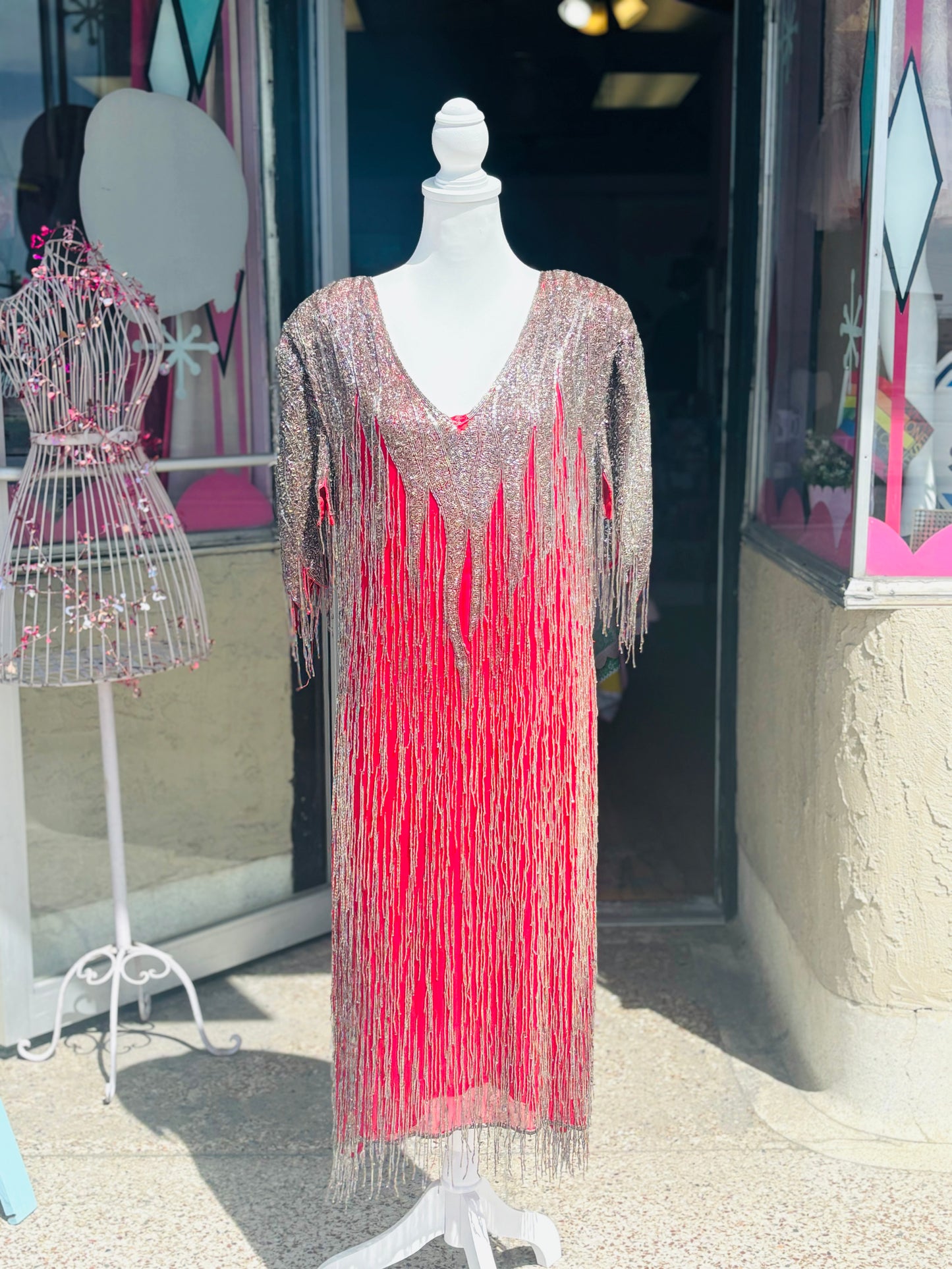 1980's Fiery Red Fully Beaded Dress