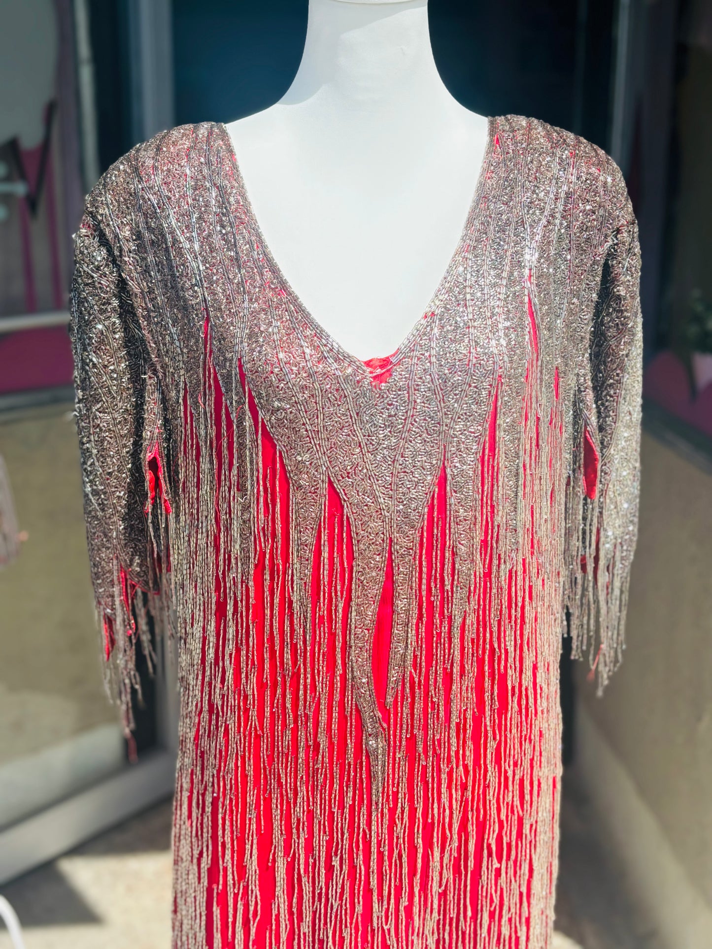 1980's Fiery Red Fully Beaded Dress