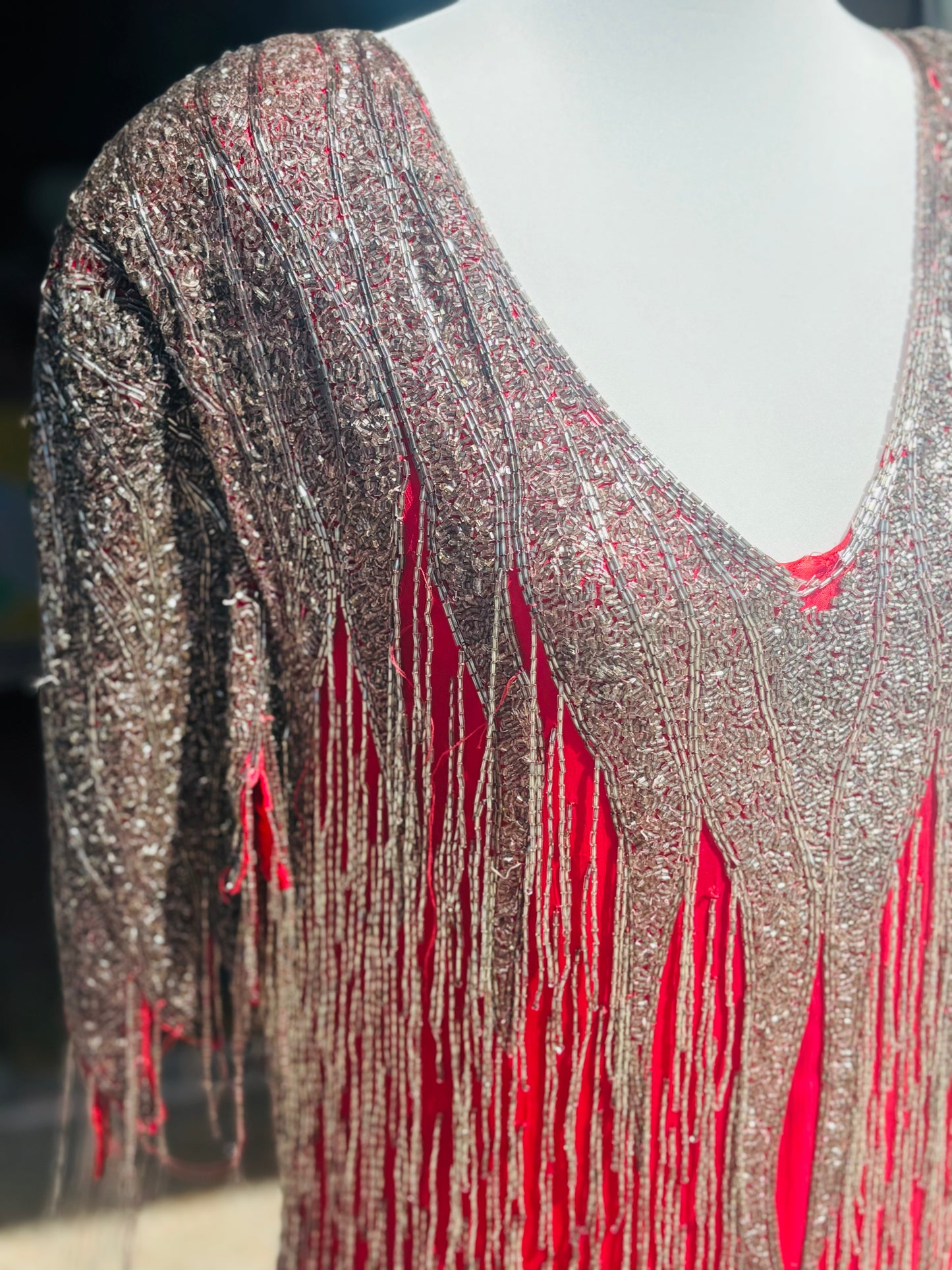 1980's Fiery Red Fully Beaded Dress