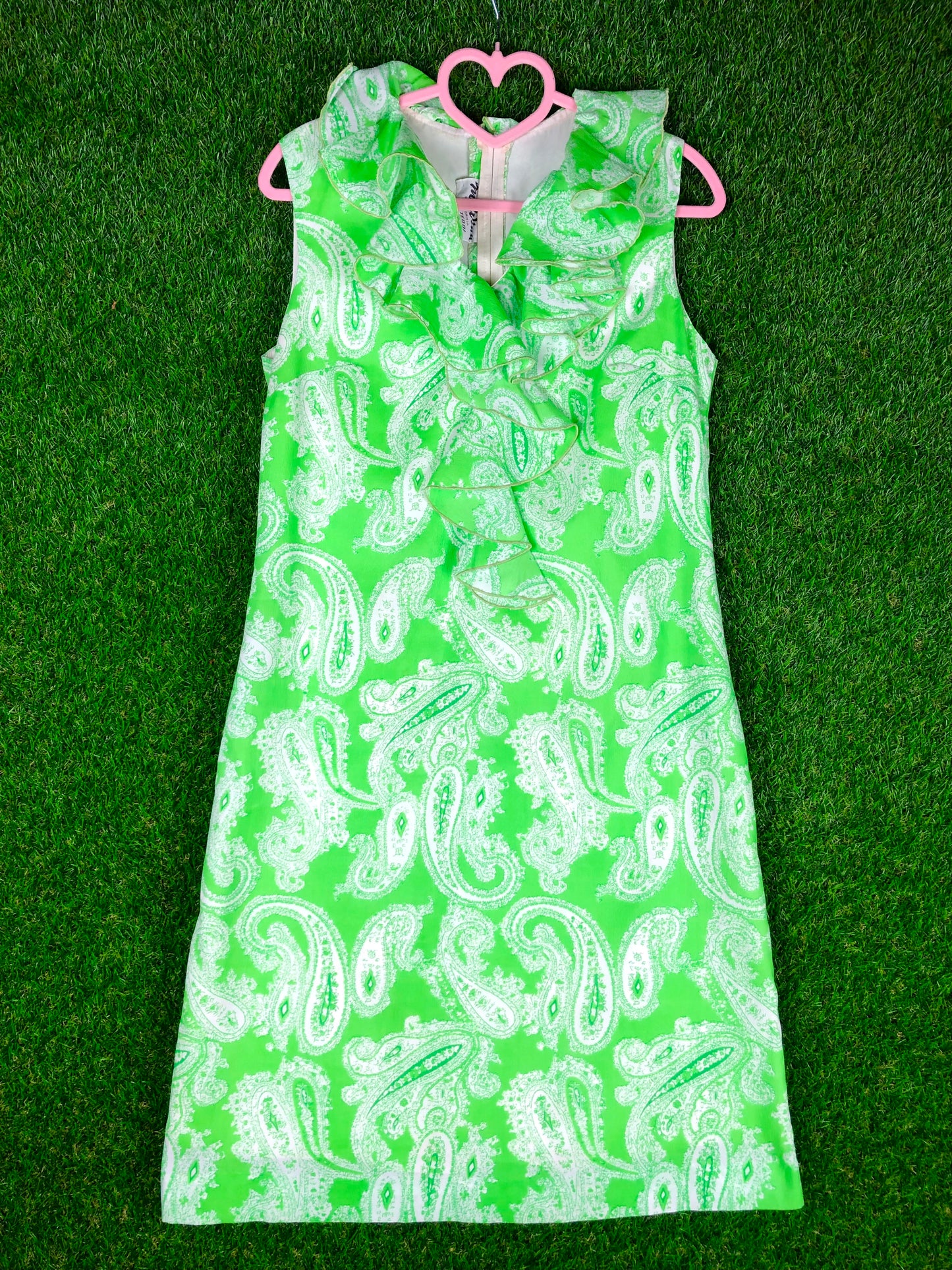 1970's Highlighter-Green Paisley-Print Shift Dress