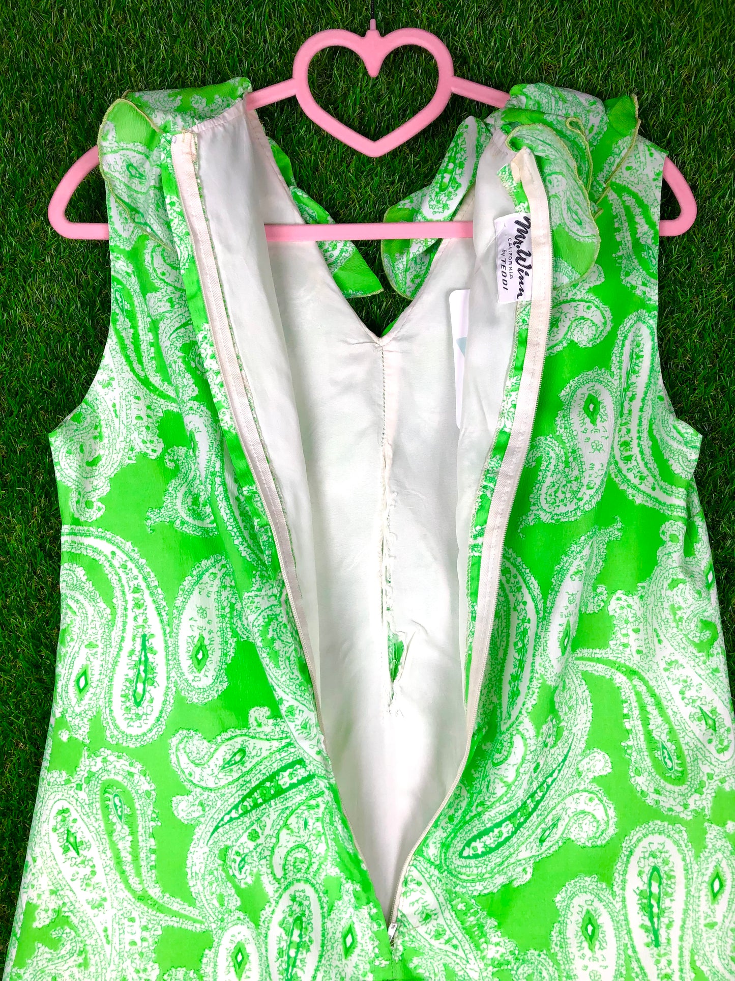 1970's Highlighter-Green Paisley-Print Shift Dress