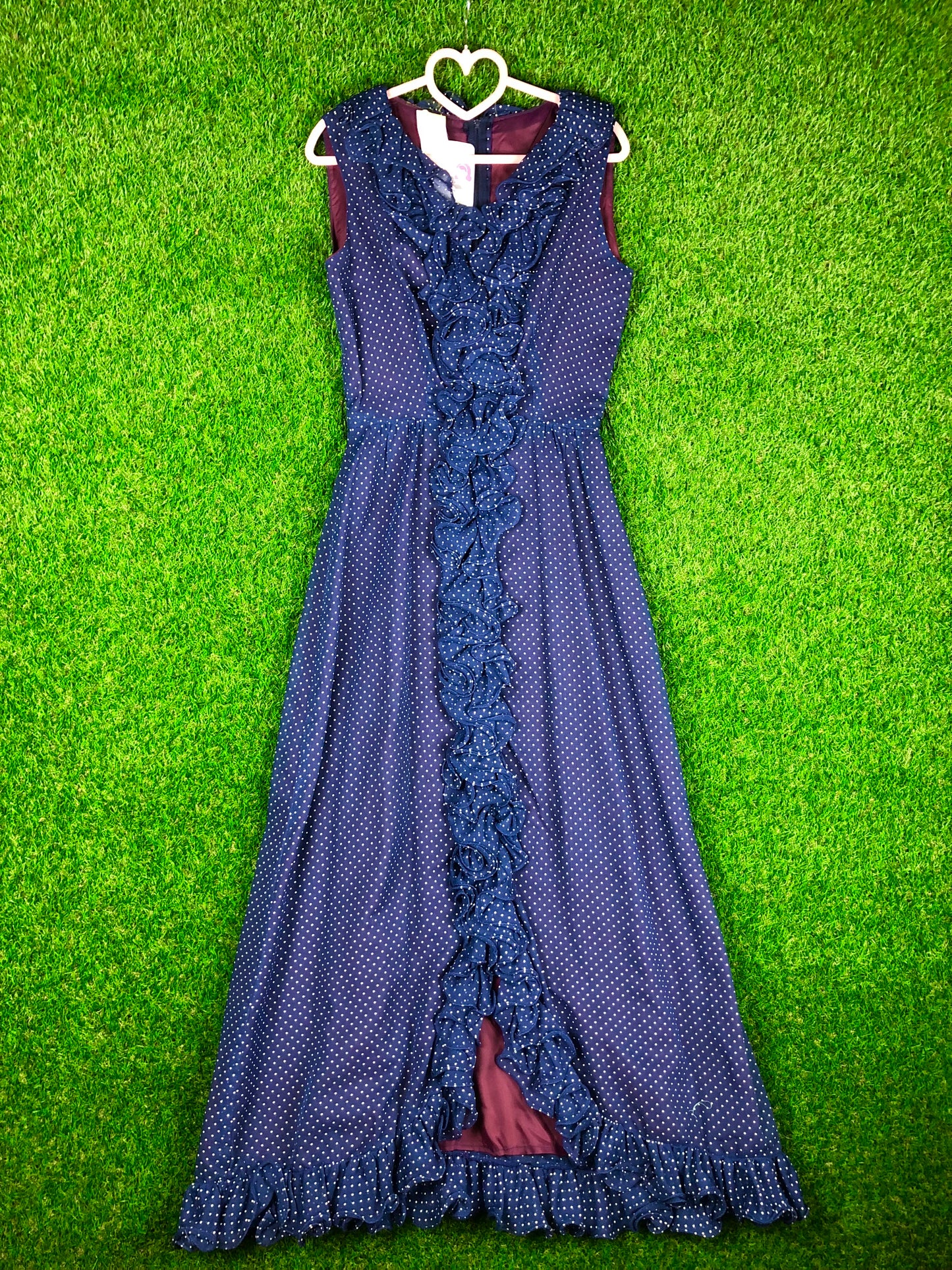 1970's Dreamy Blue Polka Dot Maxi Dress With Matching Belt