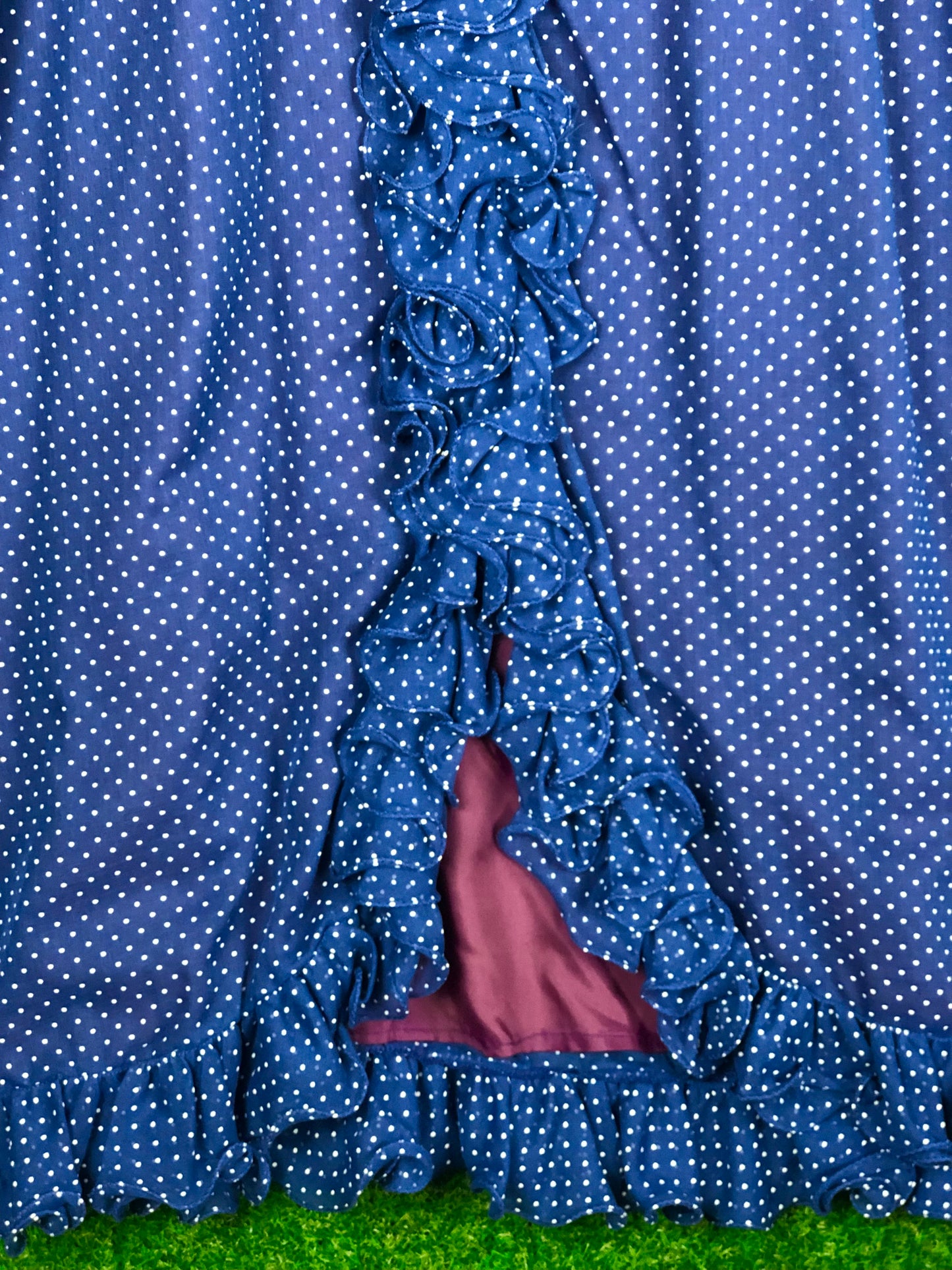 1970's Dreamy Blue Polka Dot Maxi Dress With Matching Belt