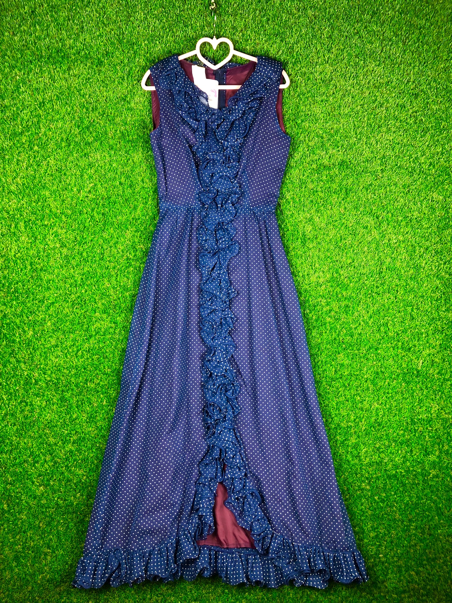 1970's Dreamy Blue Polka Dot Maxi Dress With Matching Belt