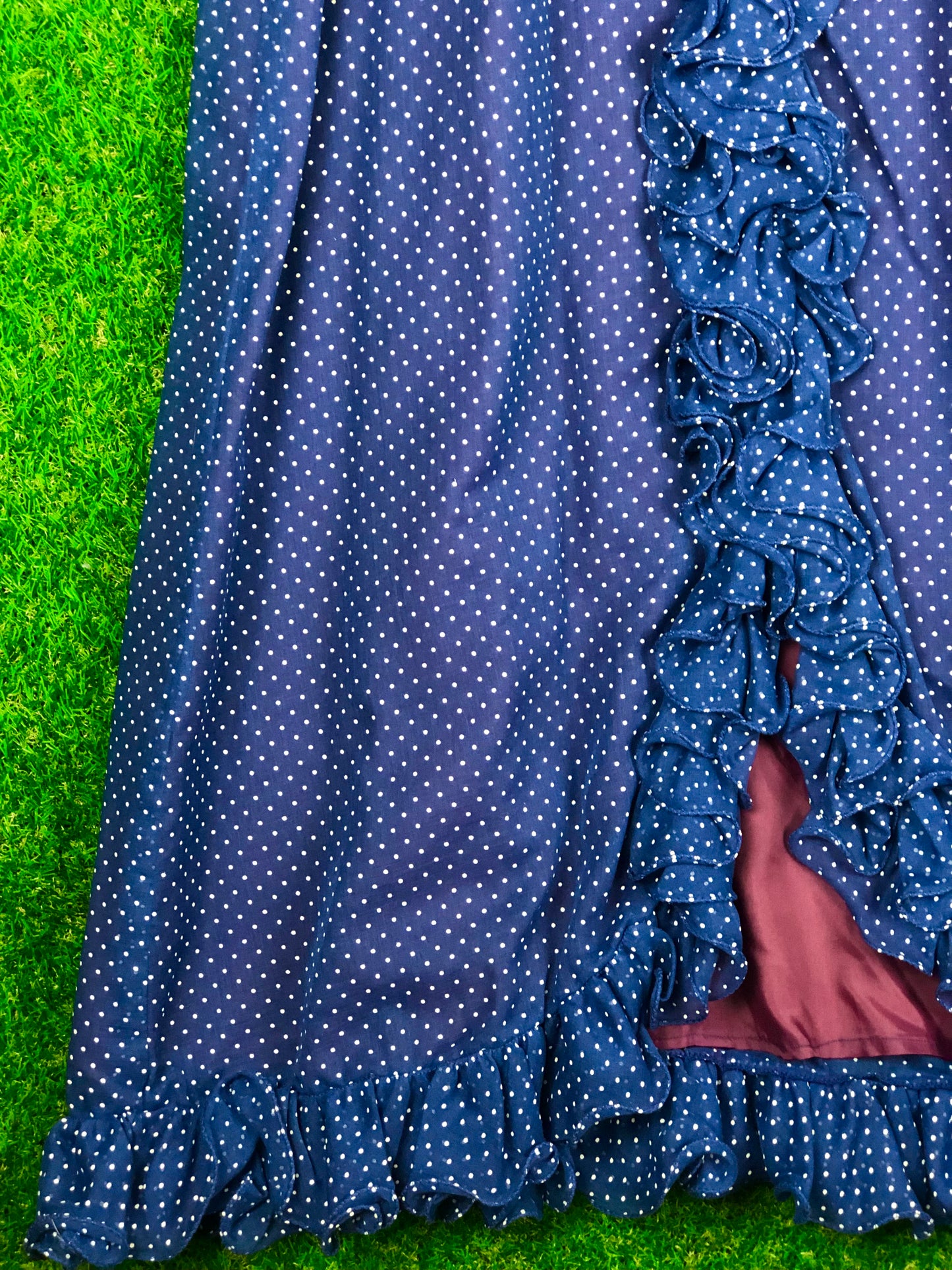 1970's Dreamy Blue Polka Dot Maxi Dress With Matching Belt