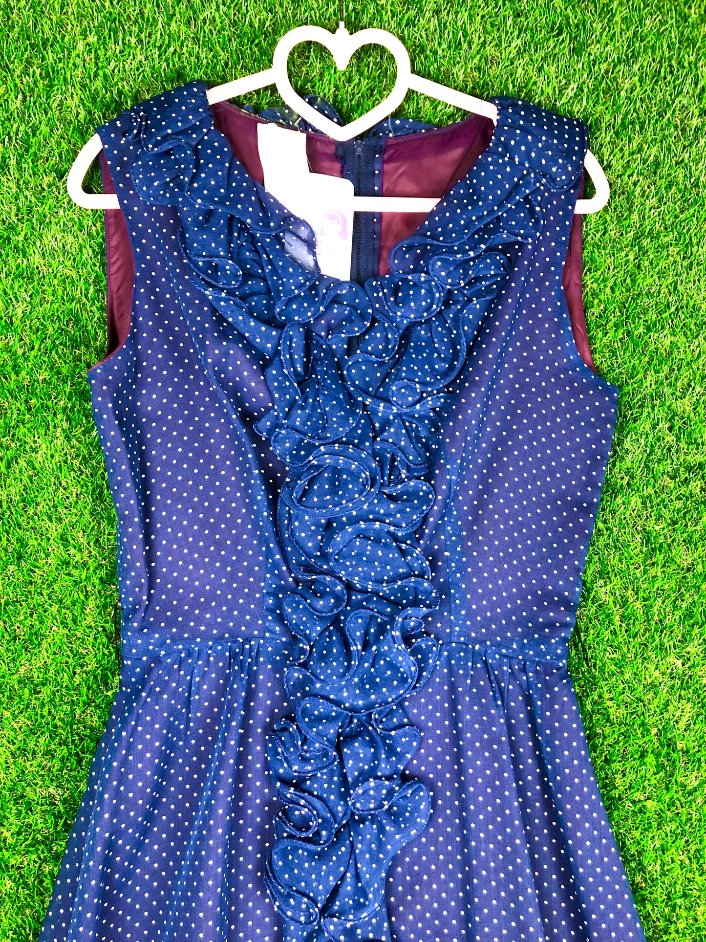 1970's Dreamy Blue Polka Dot Maxi Dress With Matching Belt