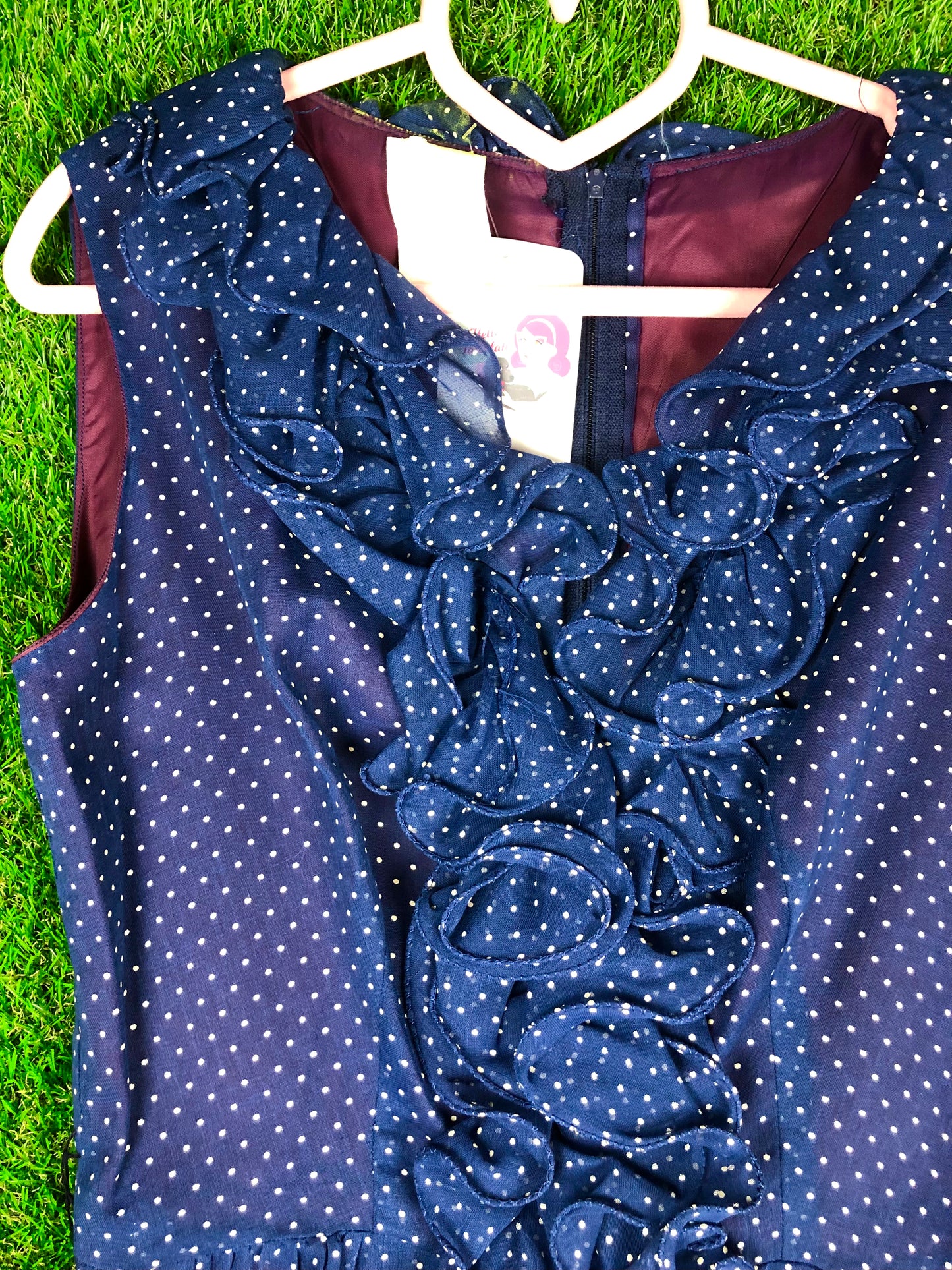 1970's Dreamy Blue Polka Dot Maxi Dress With Matching Belt