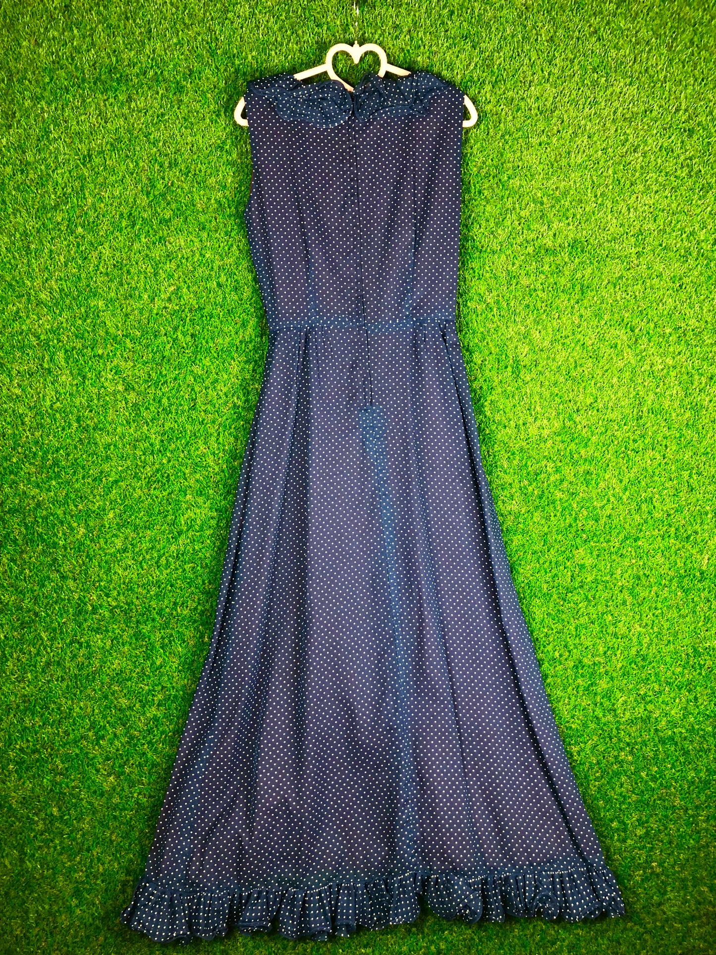 1970's Dreamy Blue Polka Dot Maxi Dress With Matching Belt