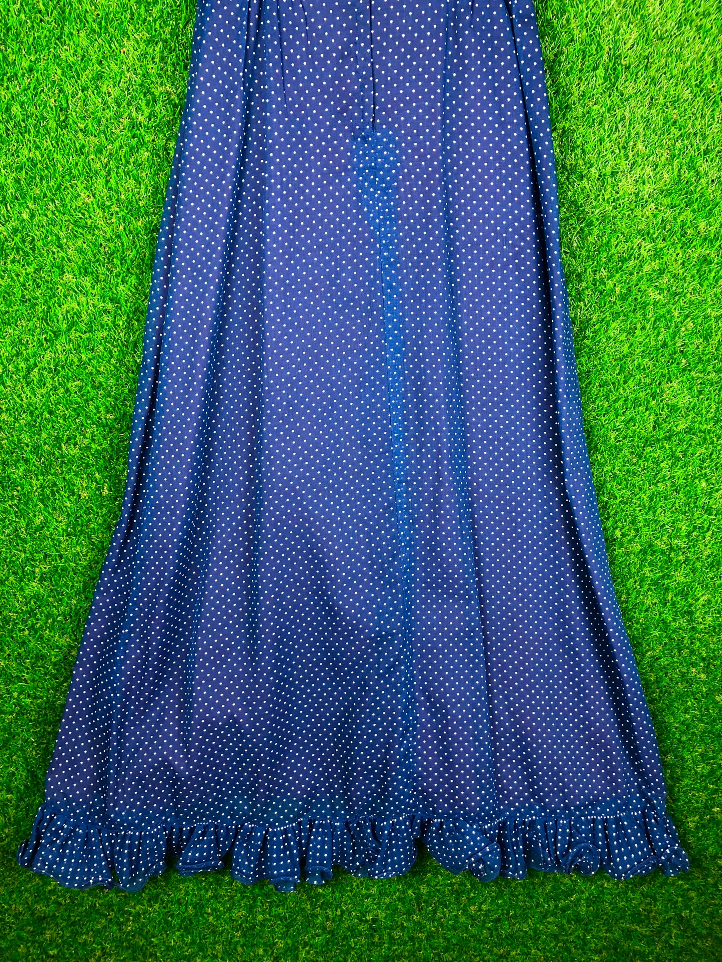 1970's Dreamy Blue Polka Dot Maxi Dress With Matching Belt