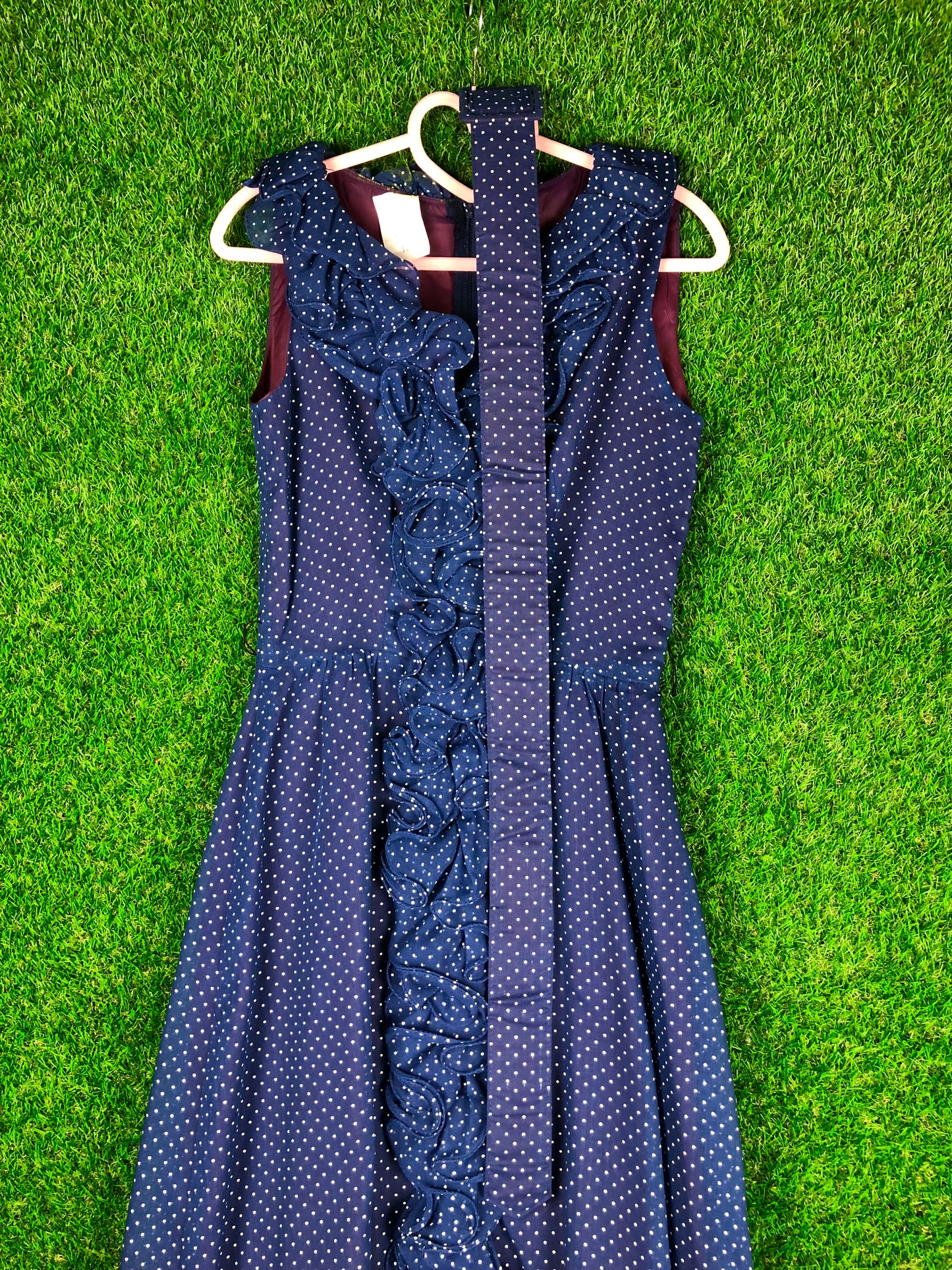 1970's Dreamy Blue Polka Dot Maxi Dress With Matching Belt