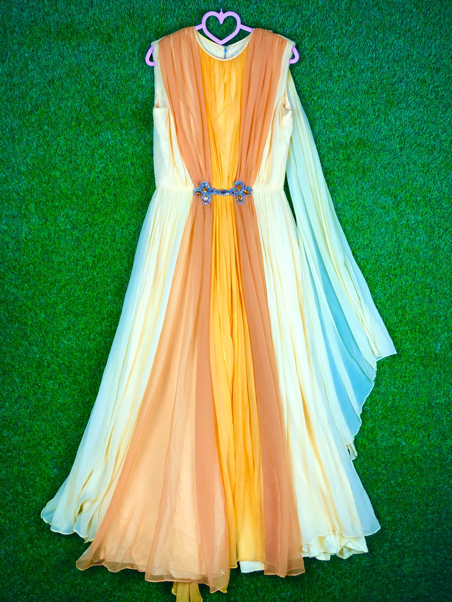 1970's Glamorous Yellow Rhinestone Chiffon Pantsuit