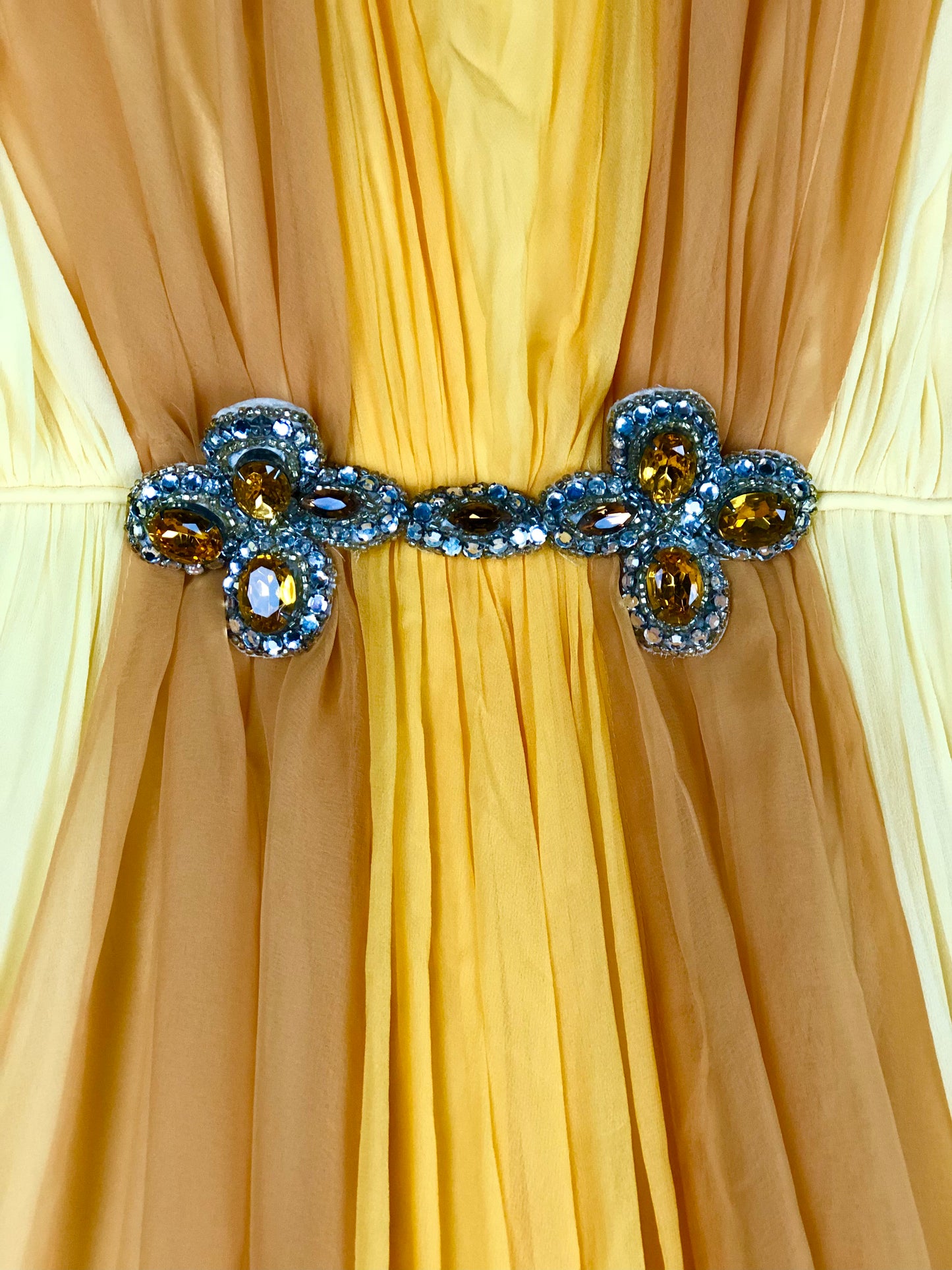 1970's Glamorous Yellow Rhinestone Chiffon Pantsuit