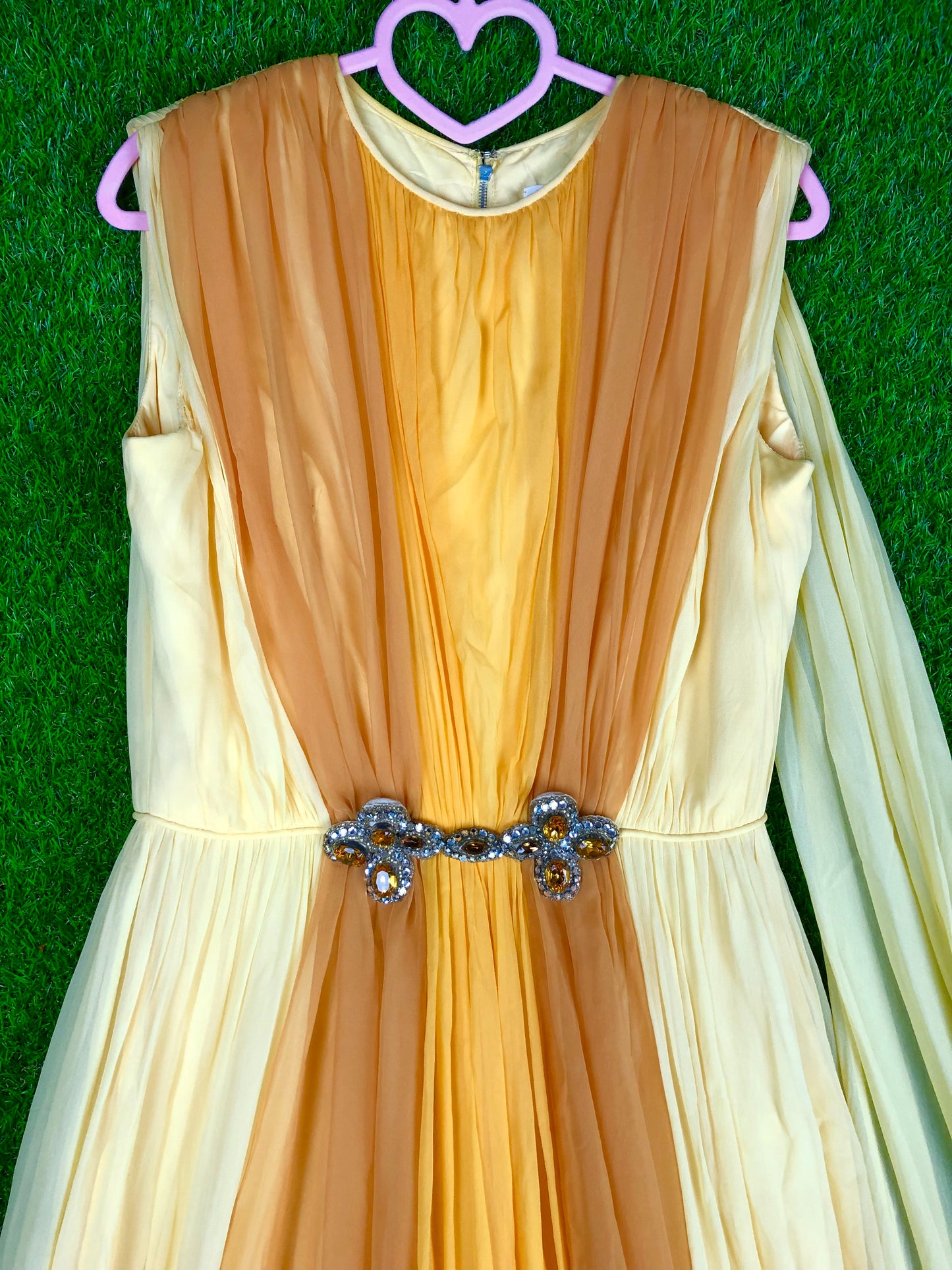 1970's Glamorous Yellow Rhinestone Chiffon Pantsuit