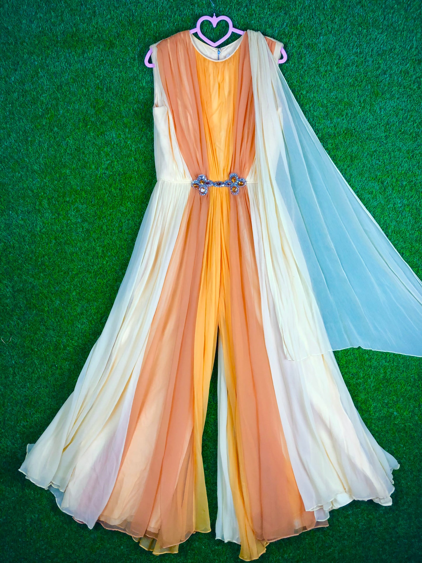 1970's Glamorous Yellow Rhinestone Chiffon Pantsuit