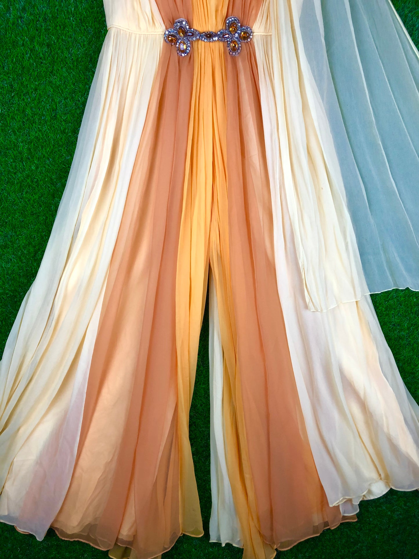 1970's Glamorous Yellow Rhinestone Chiffon Pantsuit