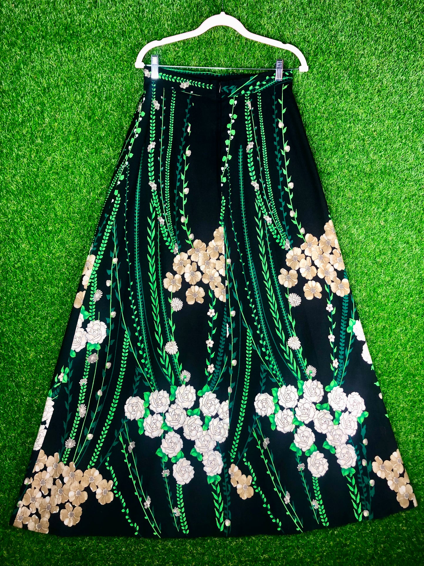 1970's Romantic Black Floral Maxi Skirt