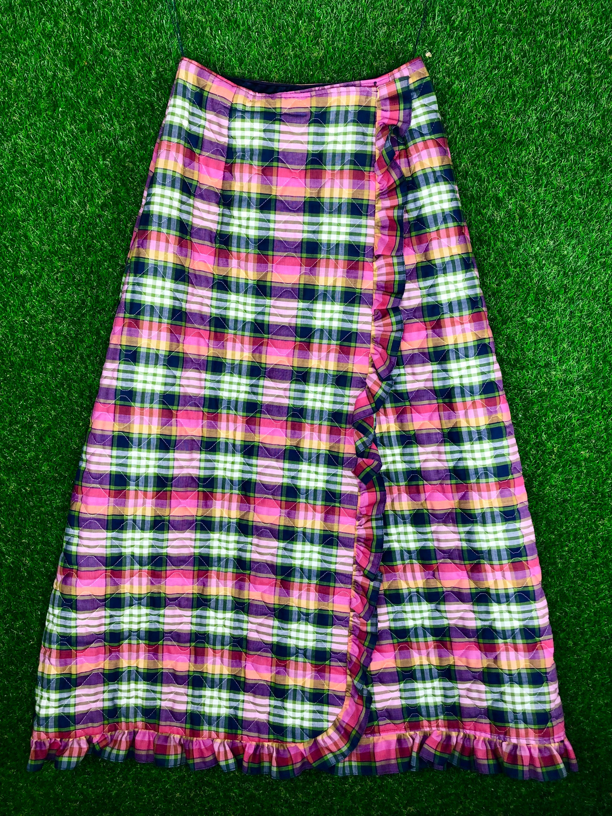 1970 s Plaid Quilted Maxi Wrap Skirt
