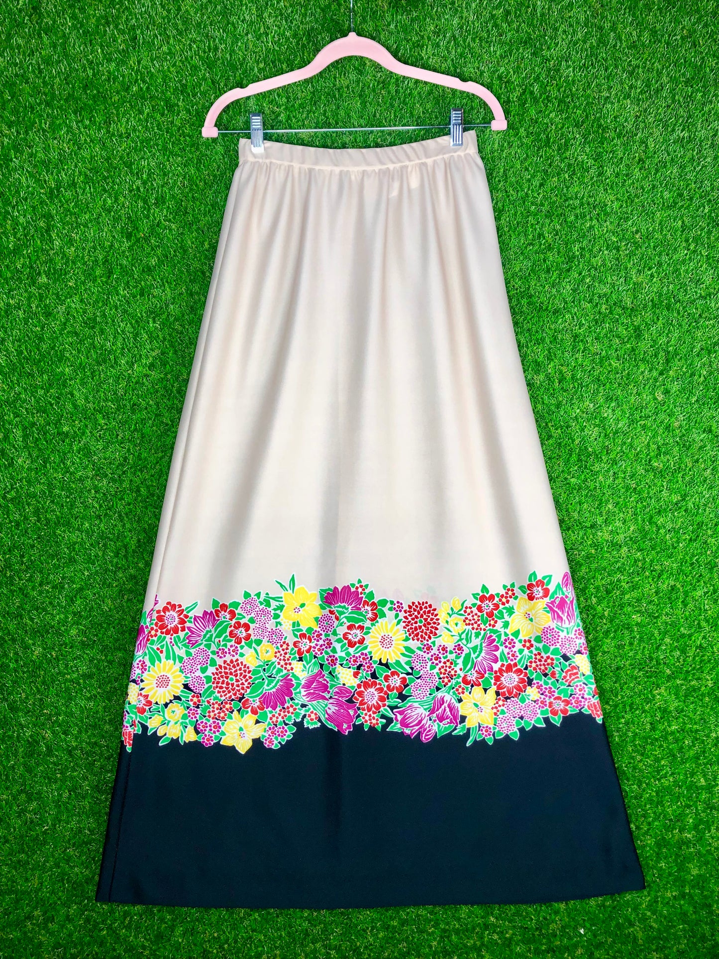 1970's Classic Cream and Black Maxi Skirt With Floral Accents