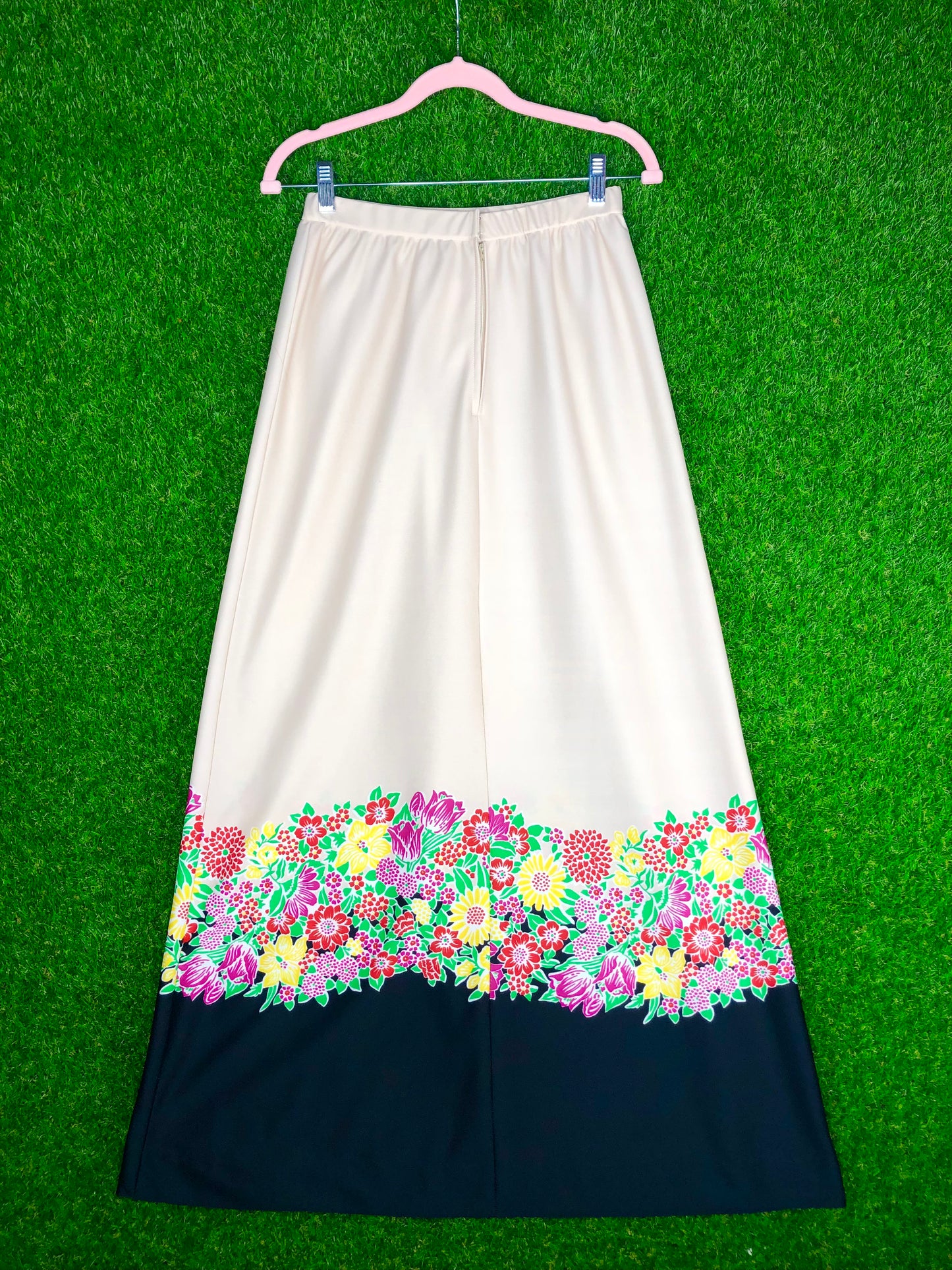 1970's Classic Cream and Black Maxi Skirt With Floral Accents