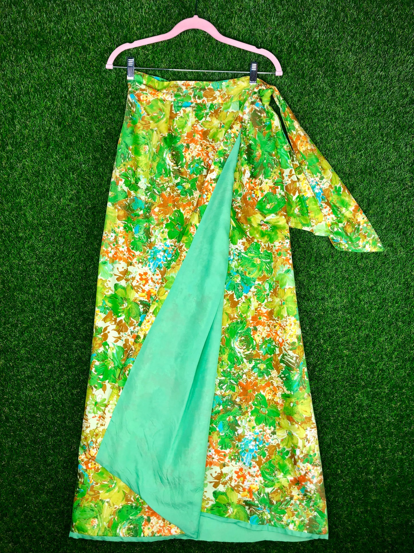 1970's Green Floral Maxi Skirt Wrap