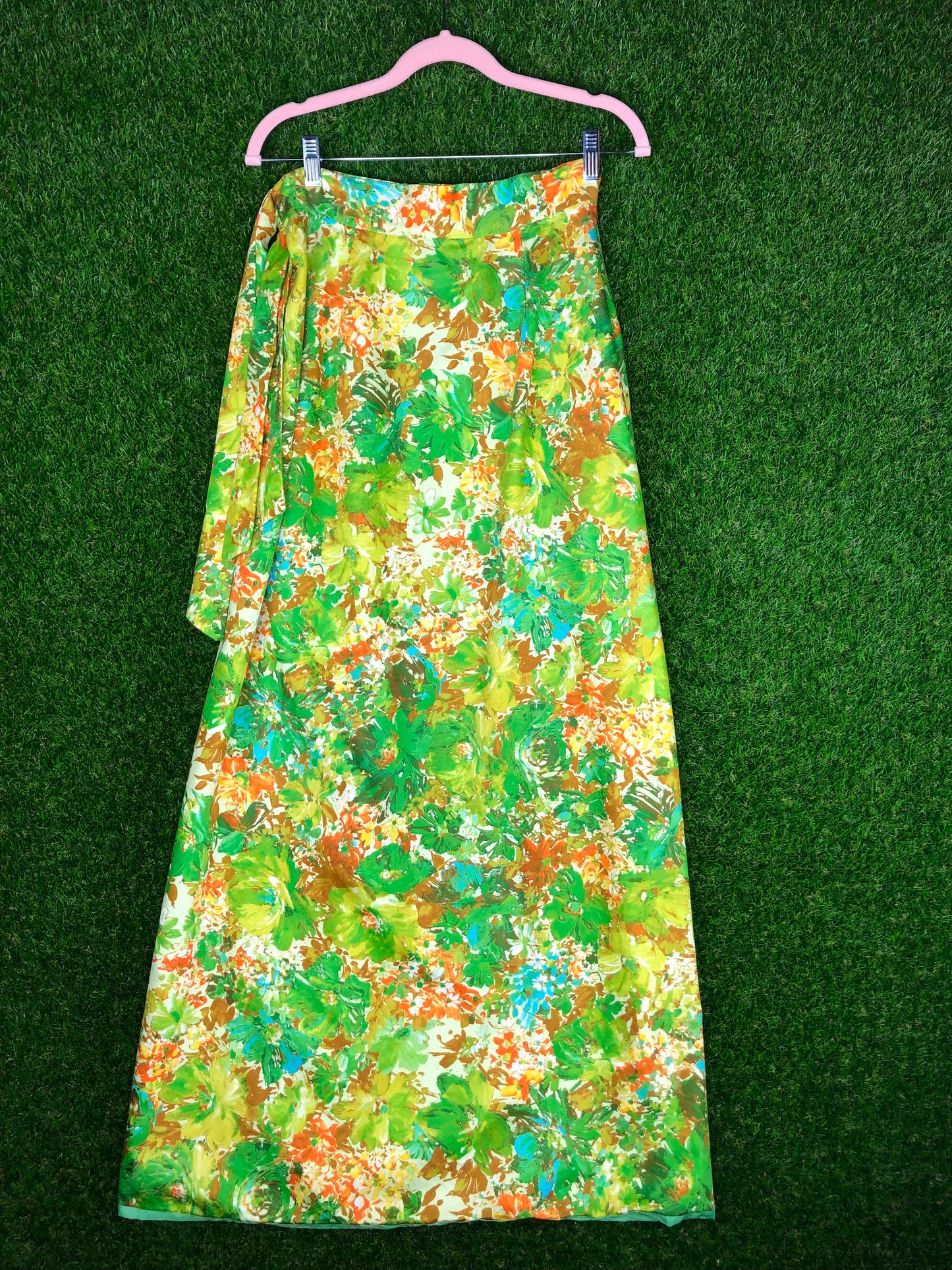 1970's Green Floral Maxi Skirt Wrap