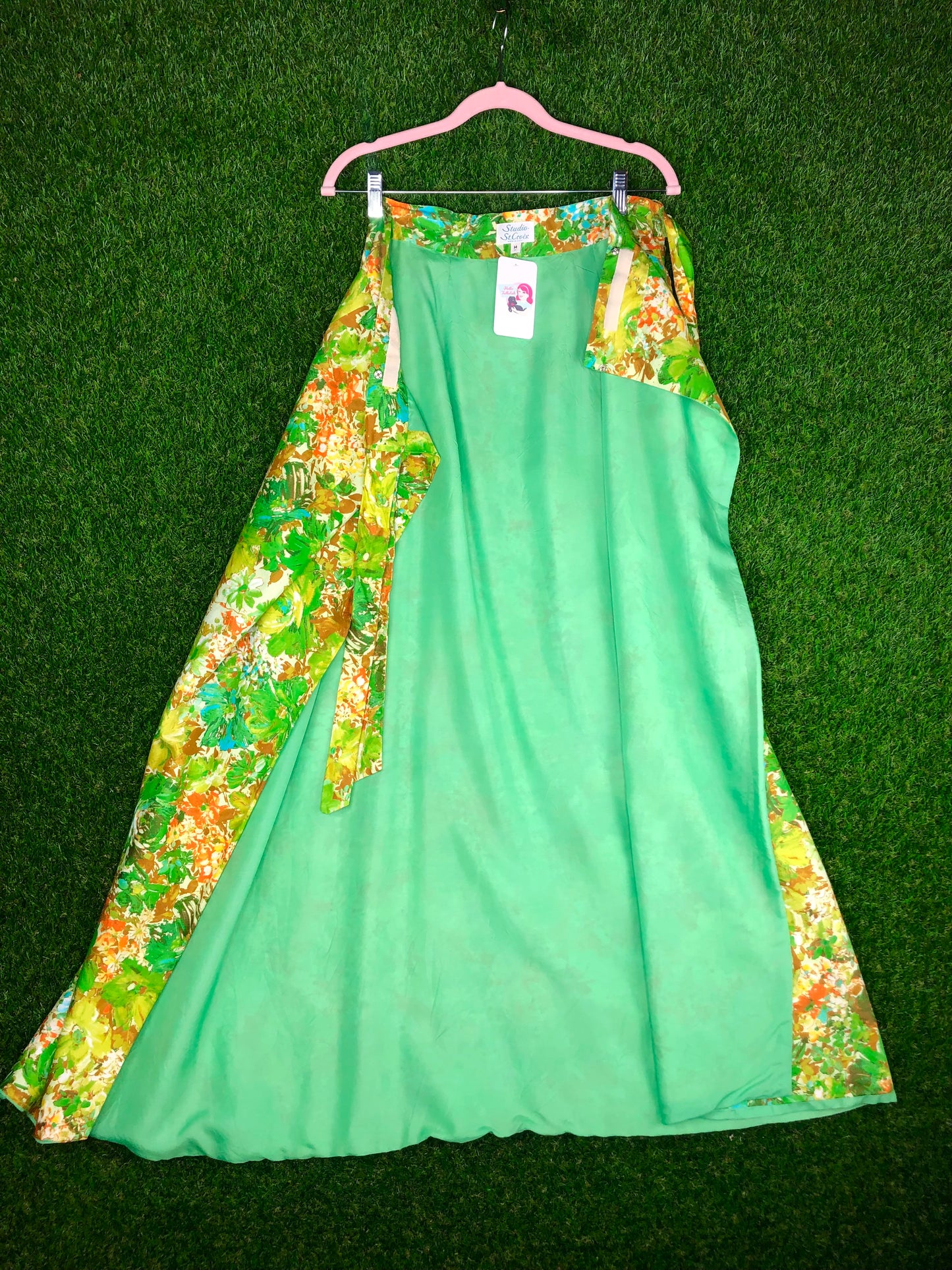 1970's Green Floral Maxi Skirt Wrap