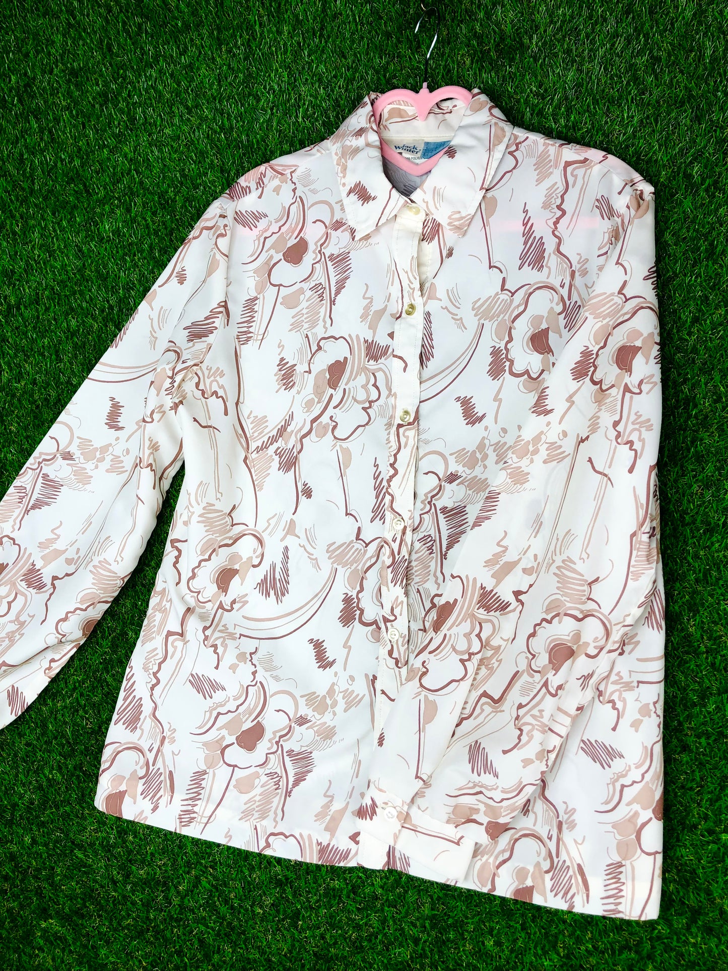 1970's Brown and Cream Abstract Cloud Print Top
