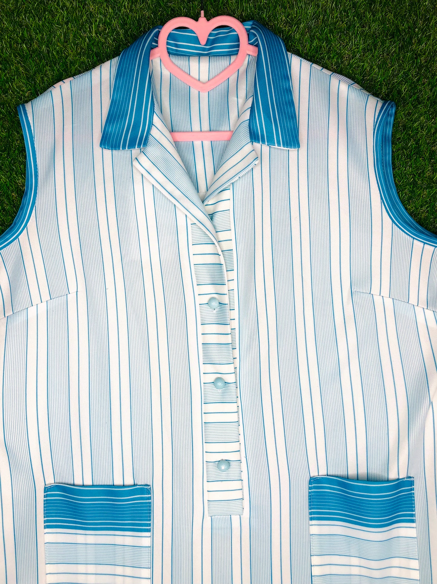 1970's Blue and White Volup Striped Dress With Pockets