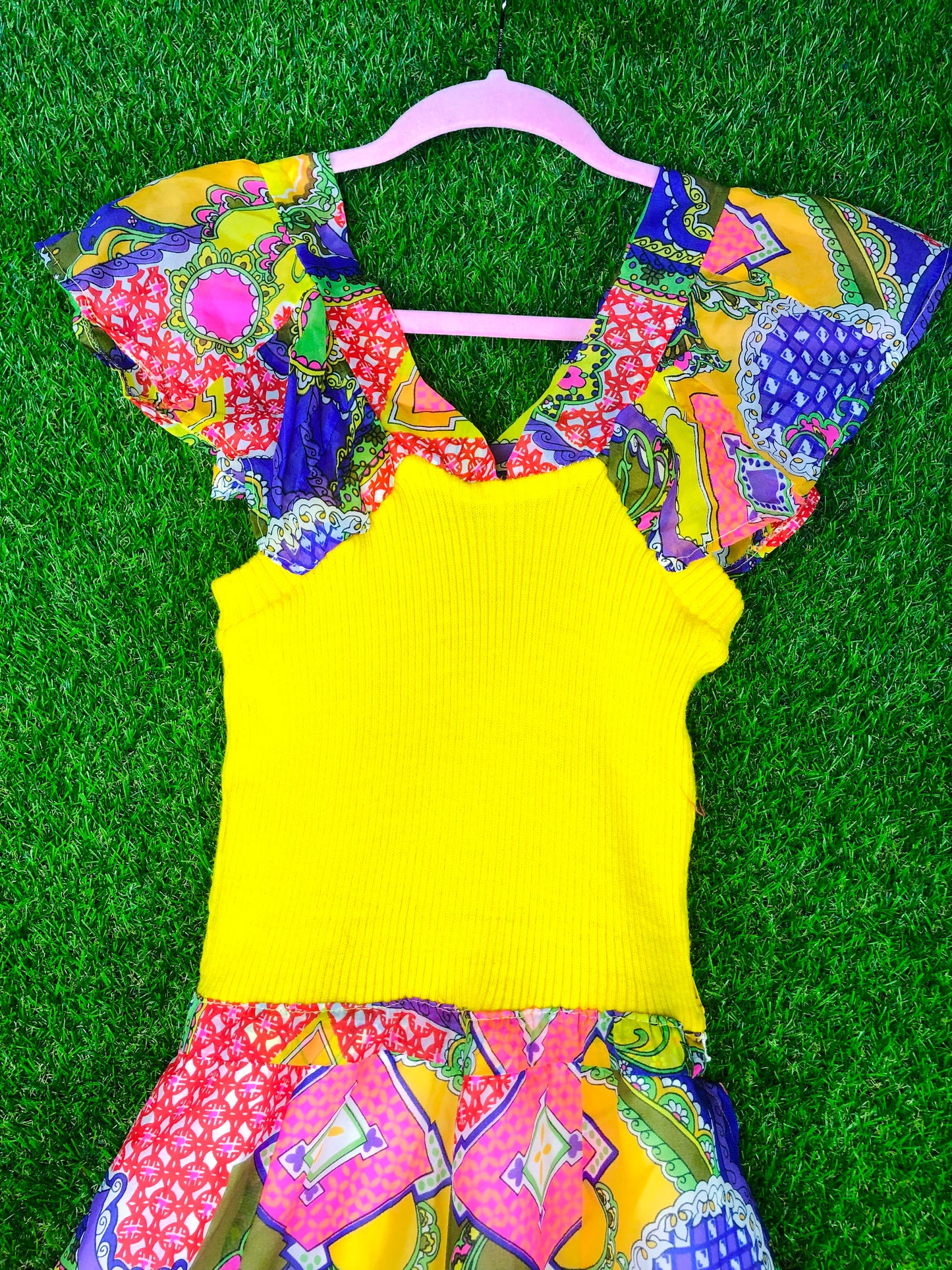 1970's Yellow Knit Psychedelic Print Dress