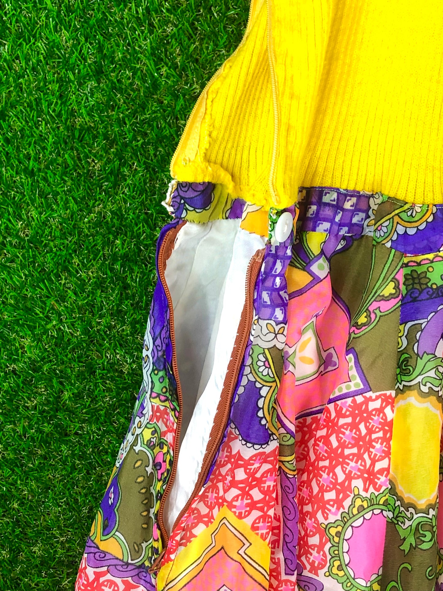 1970's Yellow Knit Psychedelic Print Dress