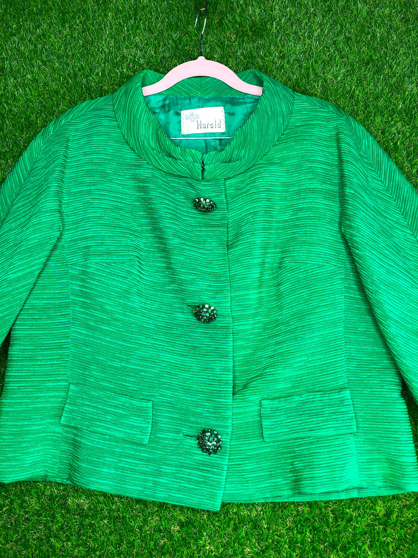 1960's Stylish Green Skirt and Jacket Suit With Ornamental Buttons