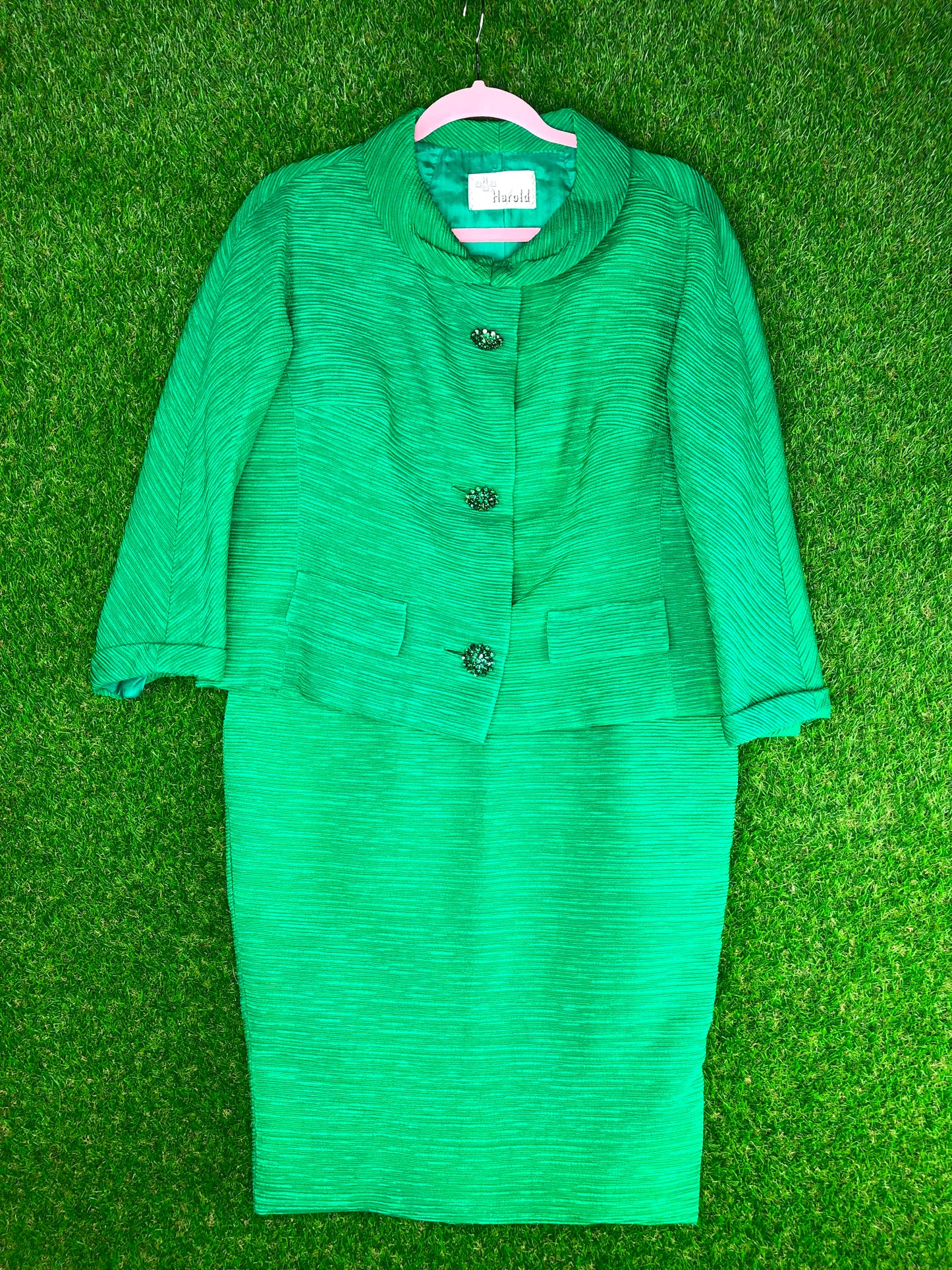 1960's Stylish Green Skirt and Jacket Suit With Ornamental Buttons
