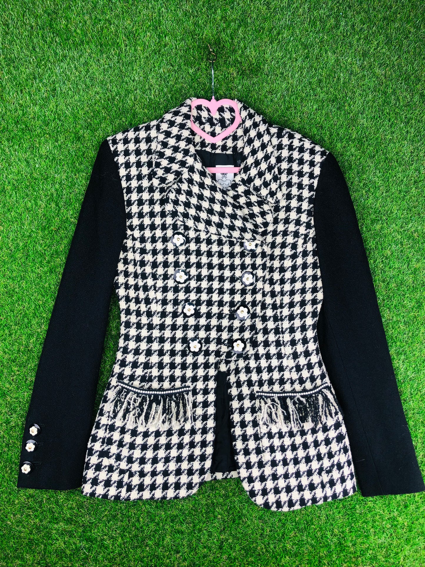 1990's Designer Gemma Kahn Black and White Houndstooth Jacket With Daisy Buttons