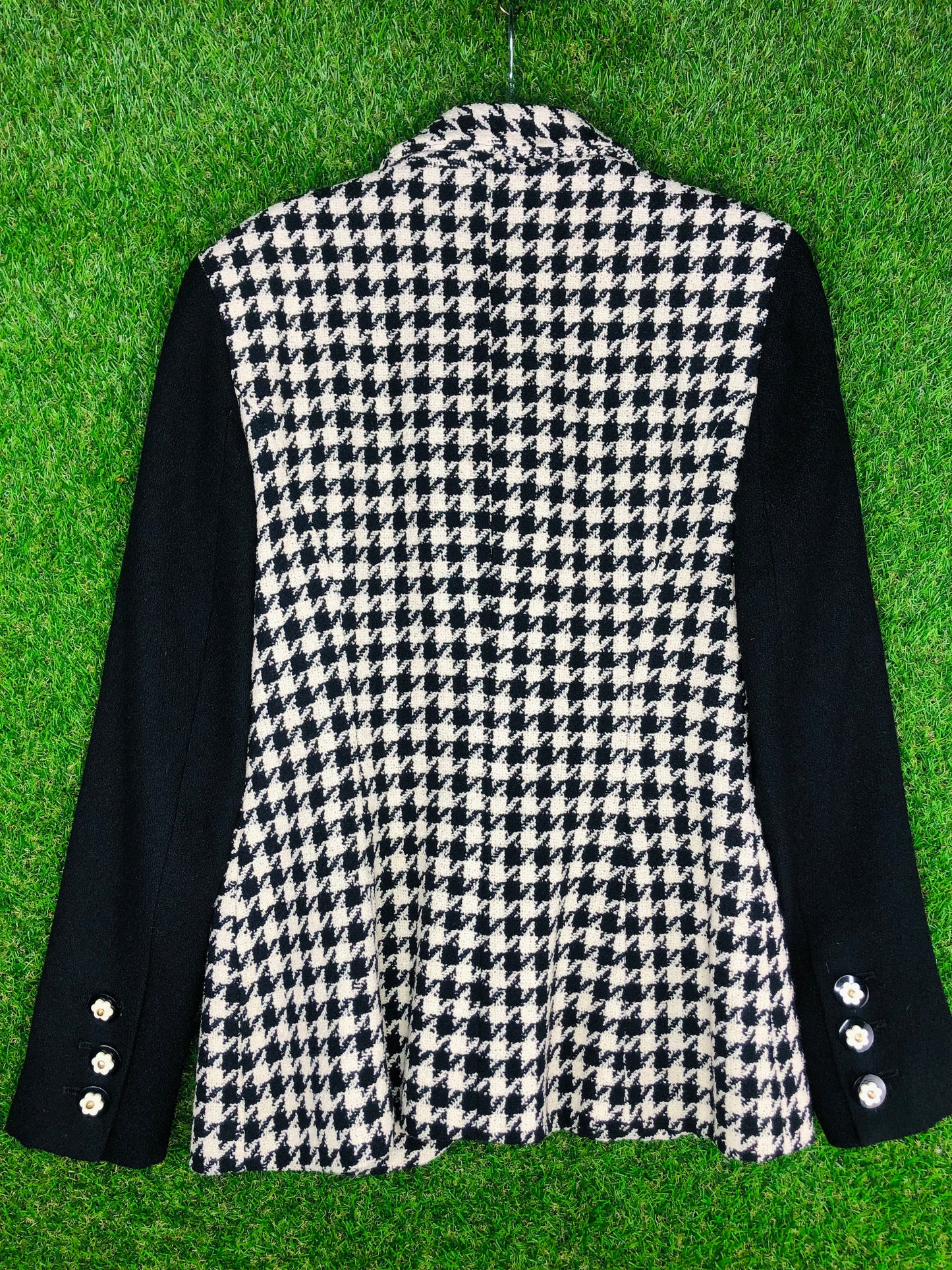 1990's Designer Gemma Kahn Black and White Houndstooth Jacket With Daisy Buttons