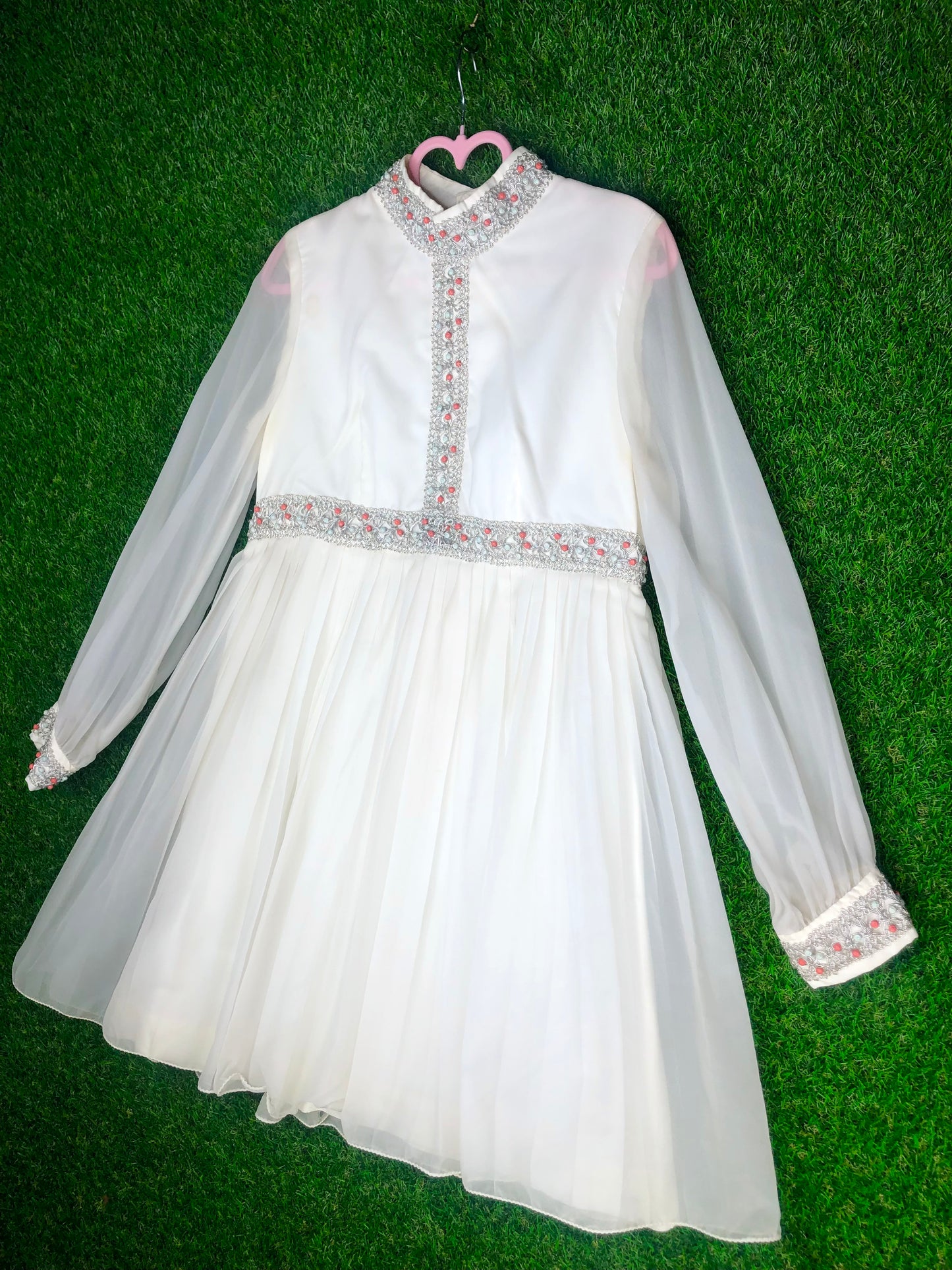 1970's Formal White Beaded Dress With Silver Accents