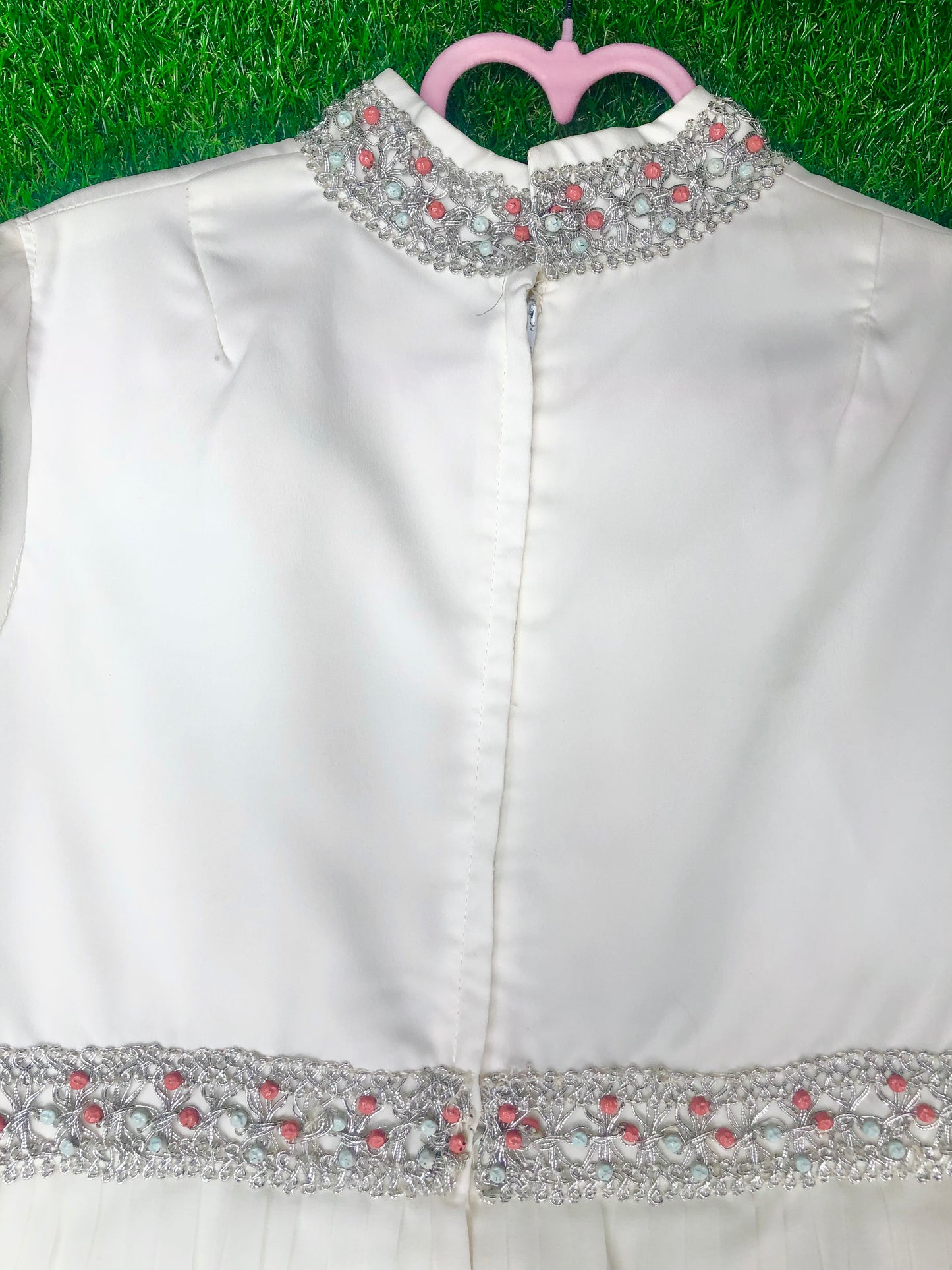 1970's Formal White Beaded Dress With Silver Accents