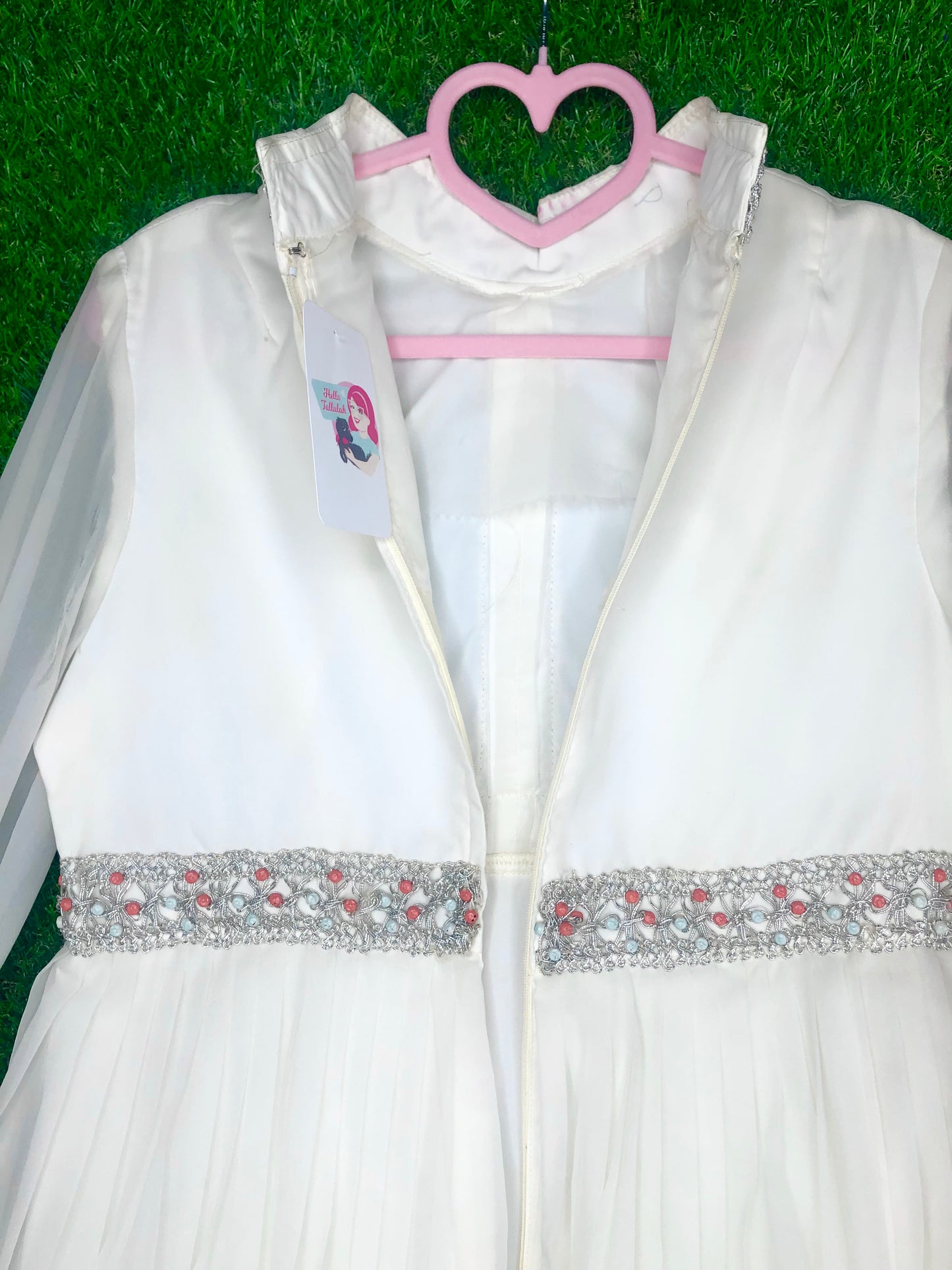 1970's Formal White Beaded Dress With Silver Accents