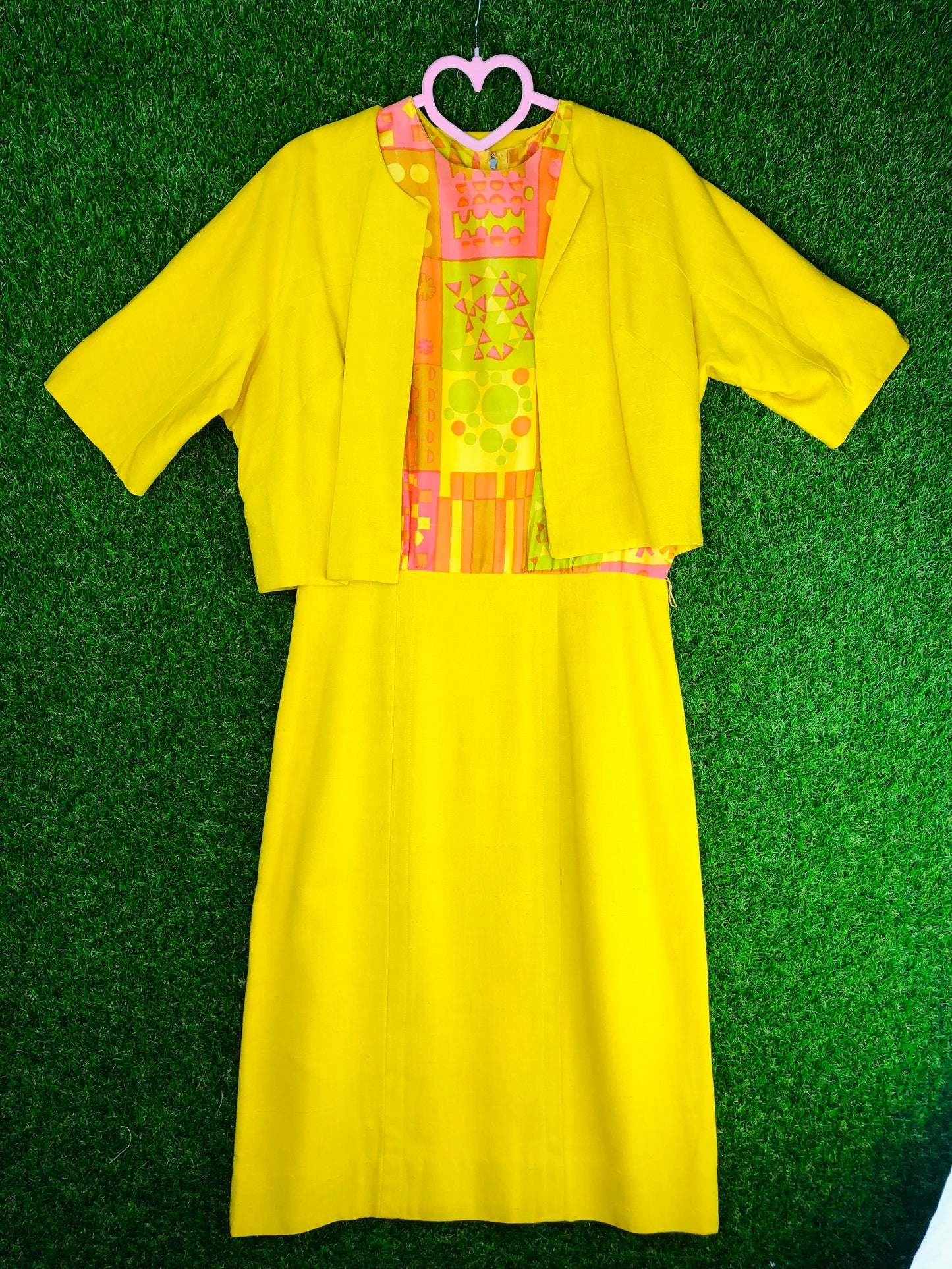 1960's Sunshine Yellow Mod Print Two-Piece Wiggle Dress and Jacket