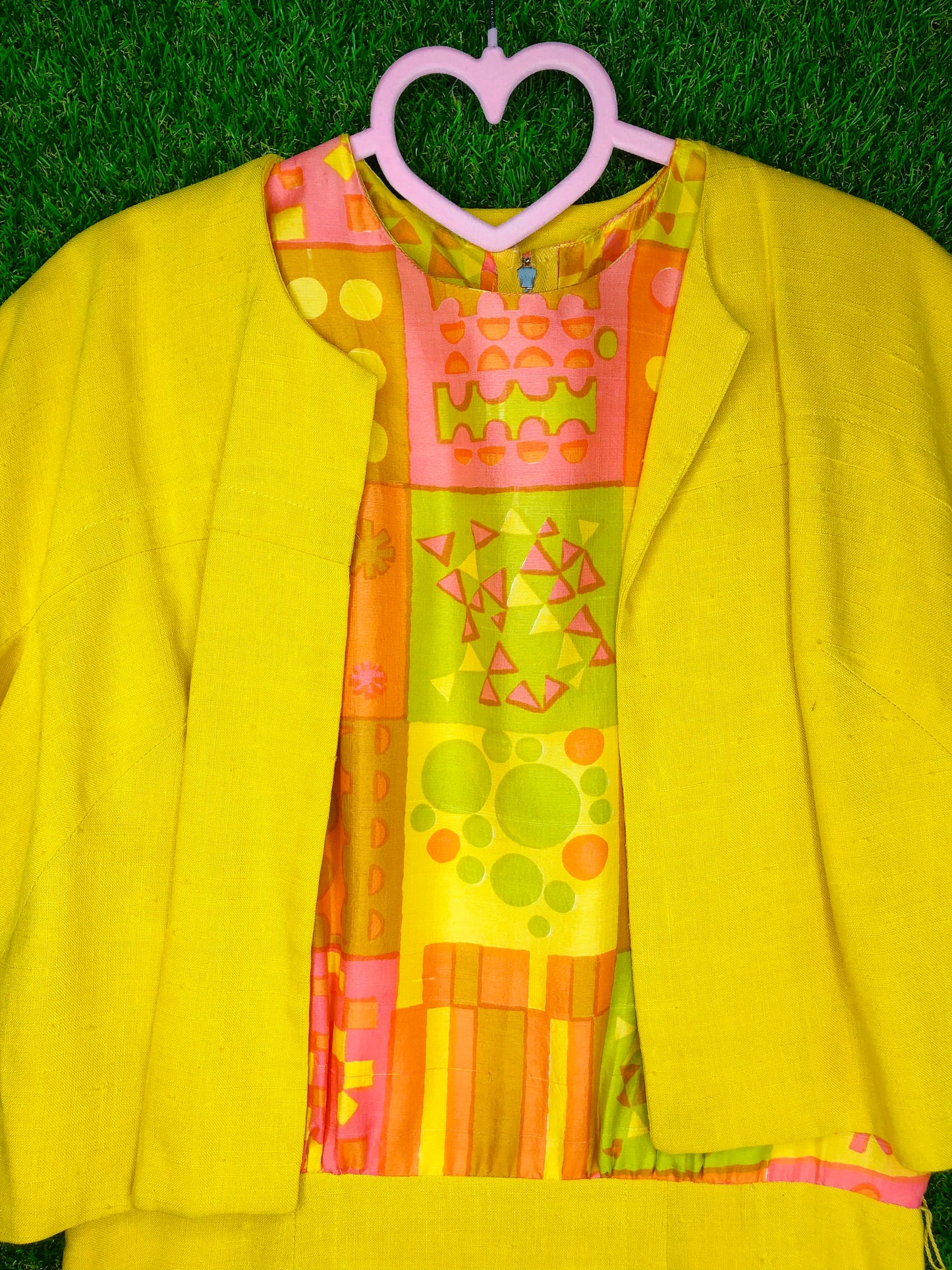 1960's Sunshine Yellow Mod Print Two-Piece Wiggle Dress and Jacket