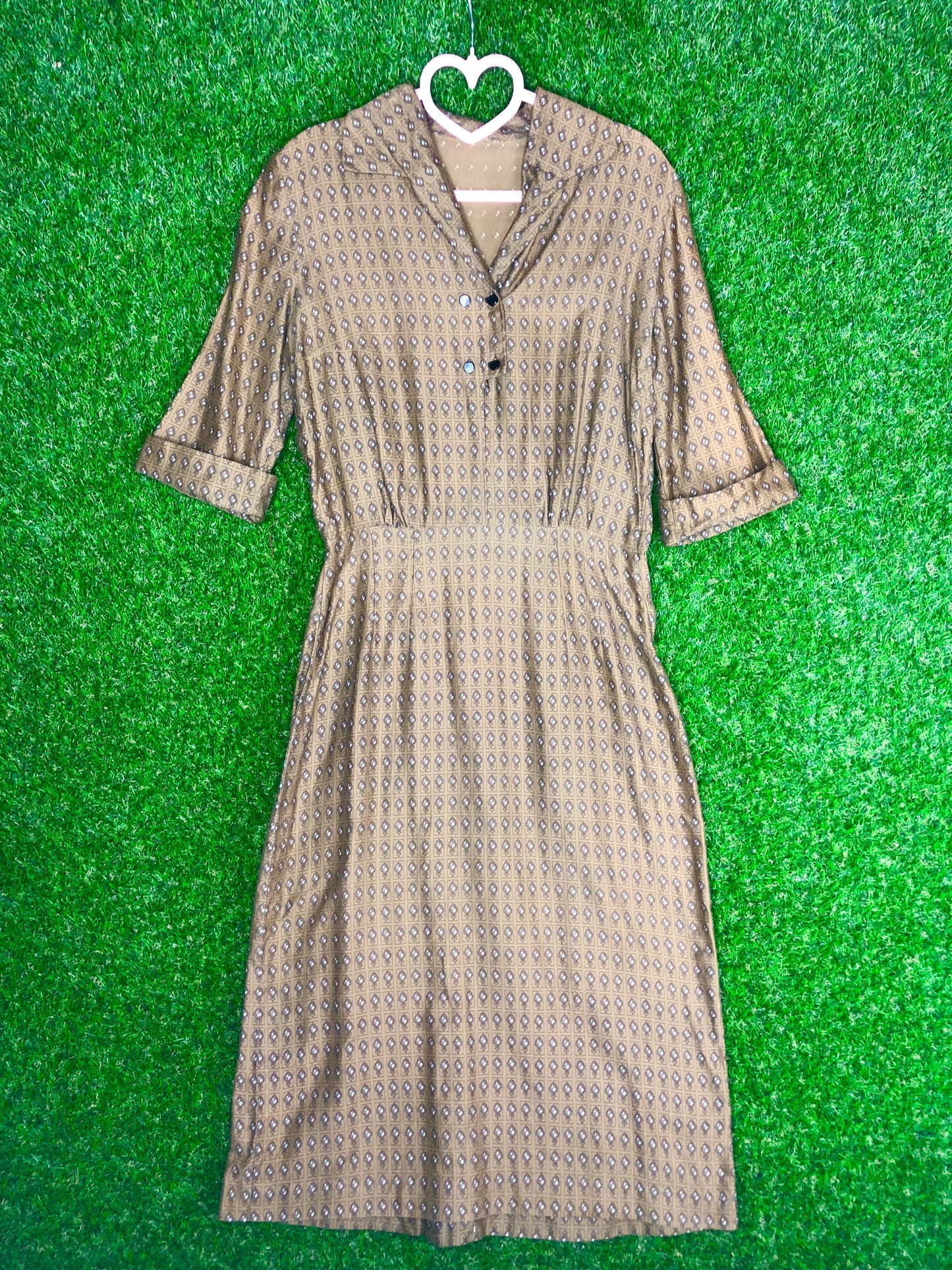 1950's Olive Green Printed Dress