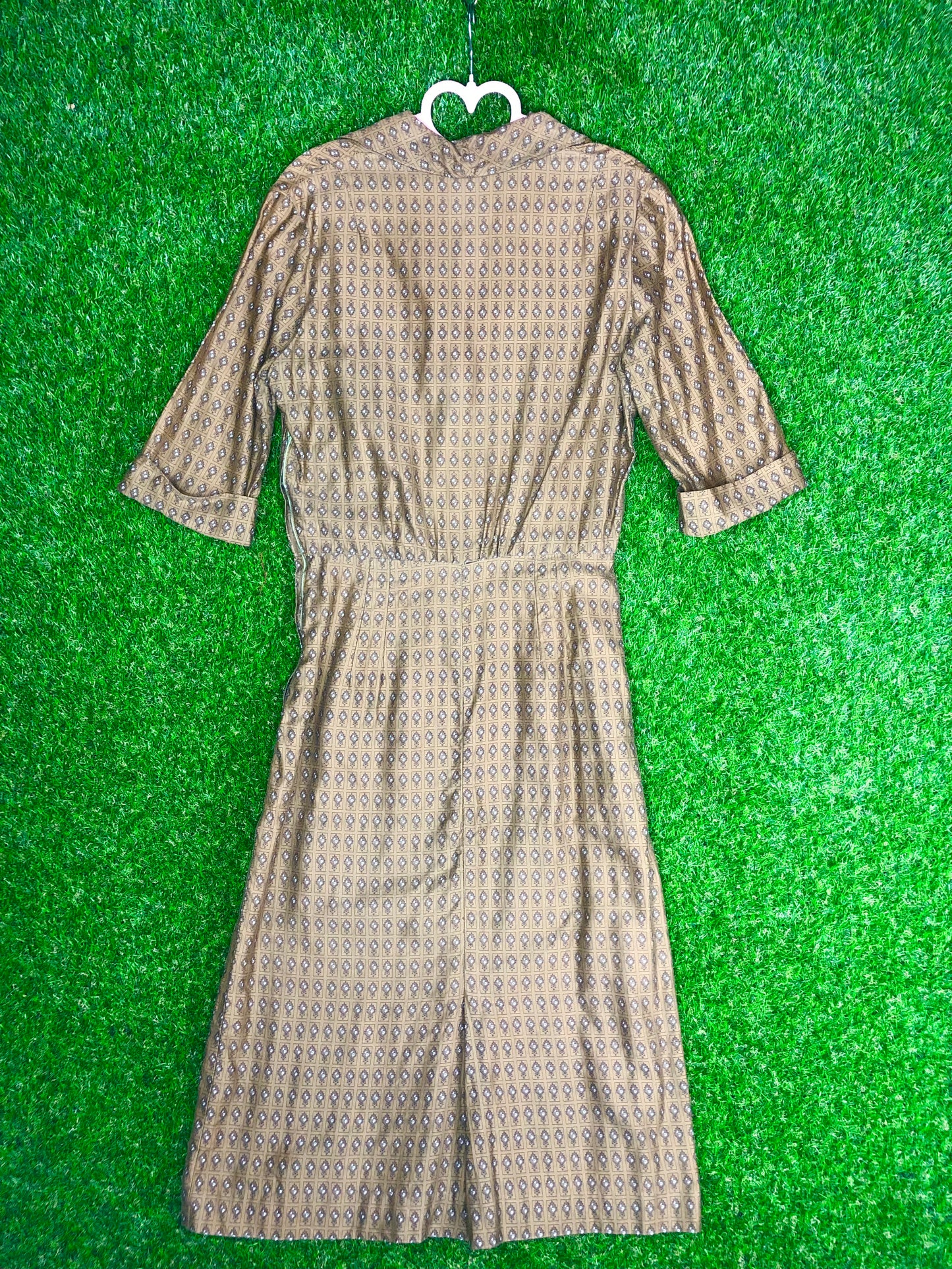 1950's Olive Green Printed Dress