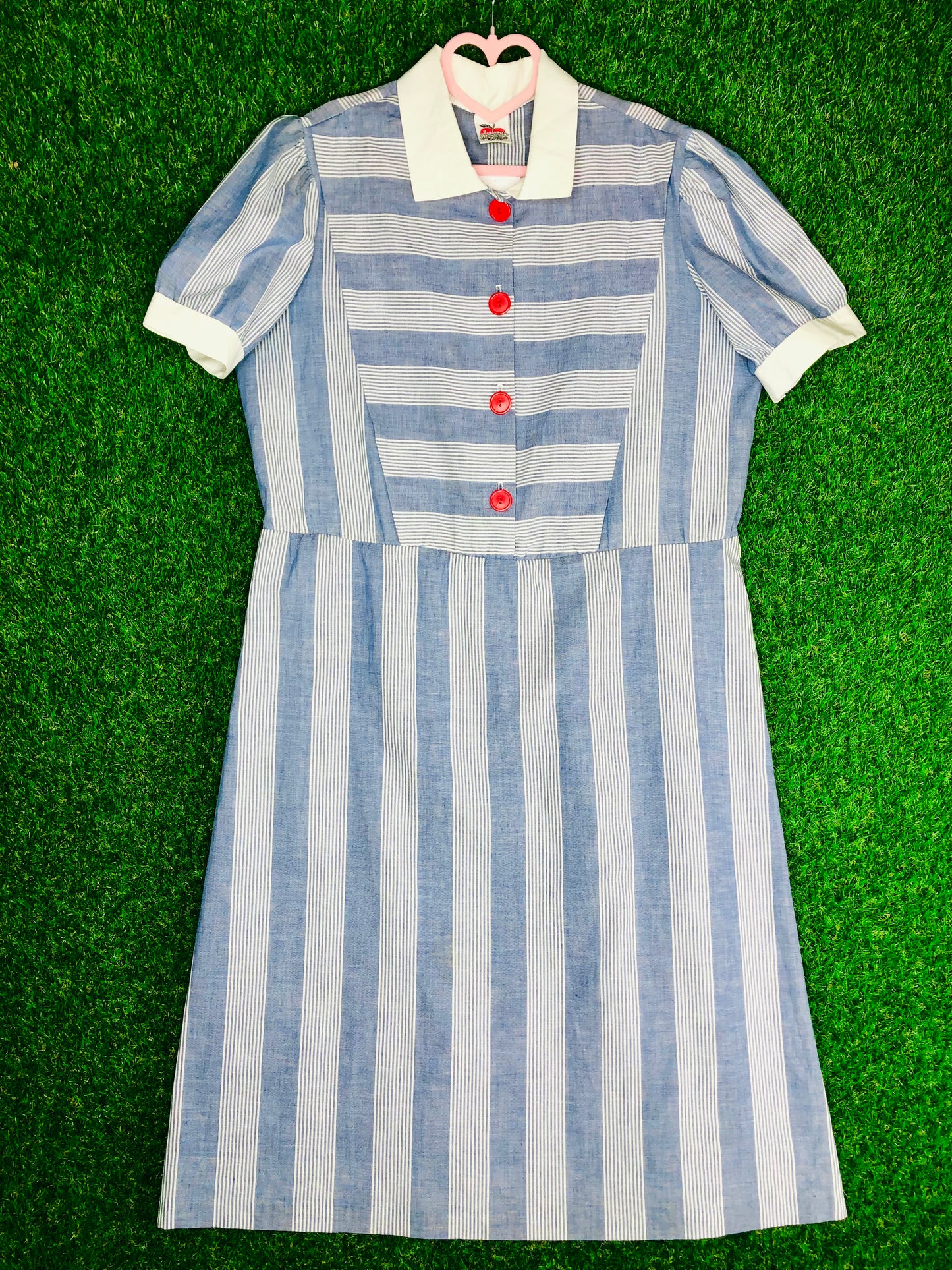 1980's Casual Striped Blue Dress With Red Buttons