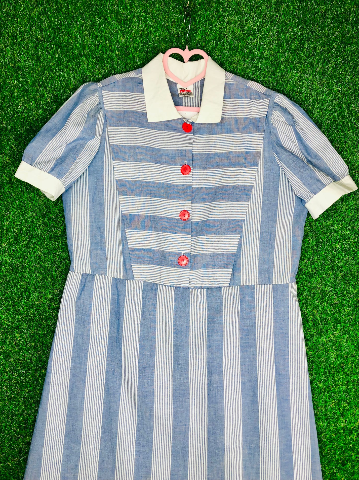 1980's Casual Striped Blue Dress With Red Buttons