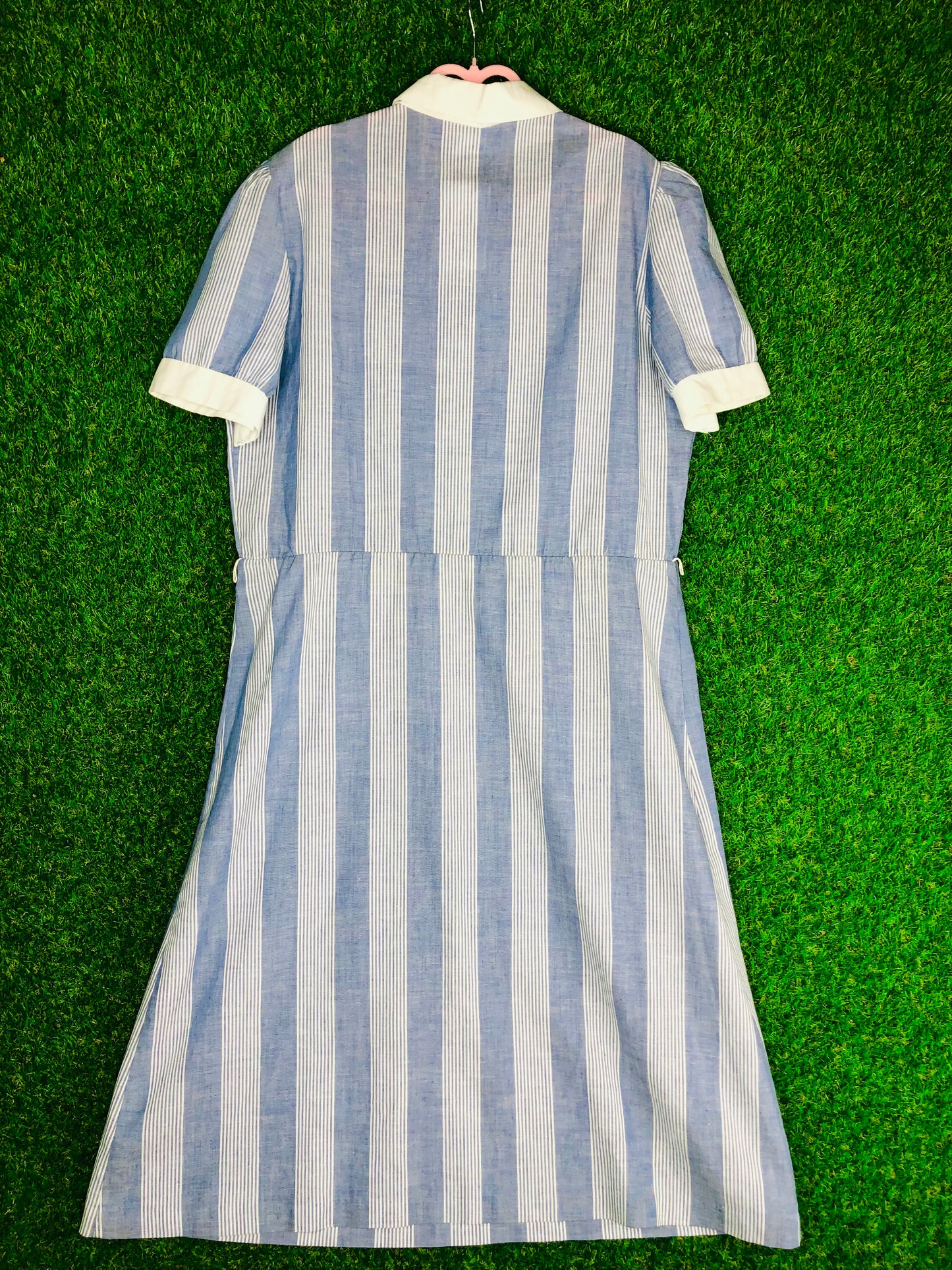 1980's Casual Striped Blue Dress With Red Buttons