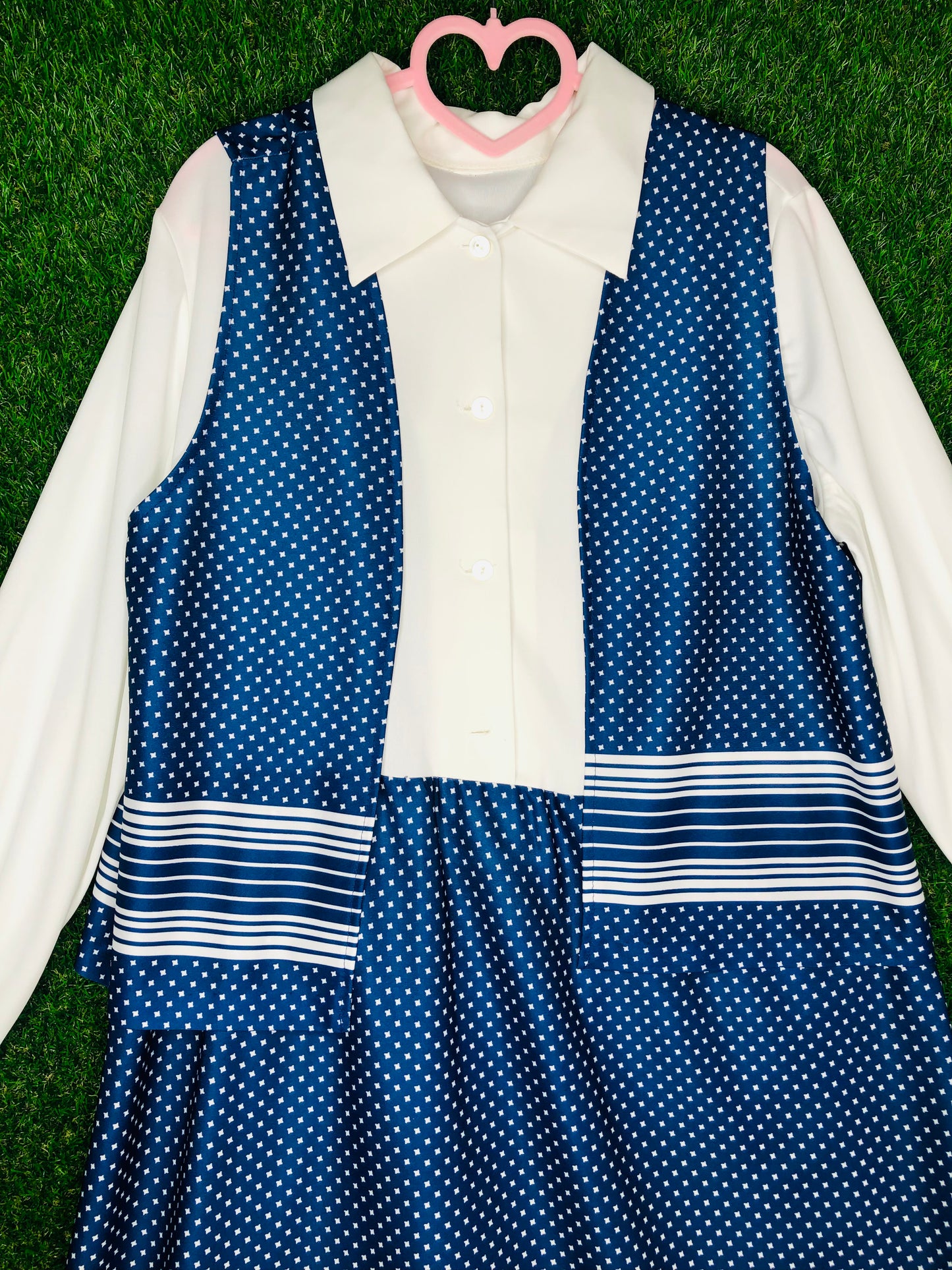 1970's Blue and White Volup Dress With Matching Vest