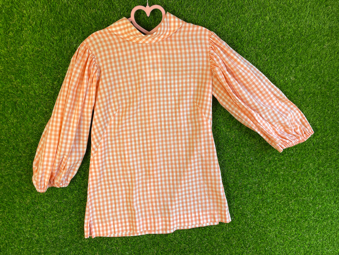 1970's Puffy Sleeved Sherbet Orange Gingham Top